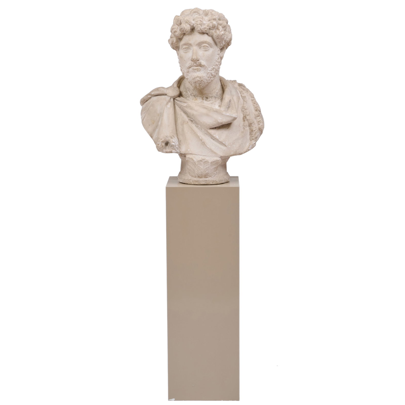 Plaster Model of Emperor Marcus Aurelius on a Painted Wood Pedestal: Plaster Model of Emperor Marcus Aurelius on a Painted Wood Pedestal 35 3/4 x 21 x 10 in. Note: Marcus Aurelius was Caesar from 161 to 180 AD. He was a stoic philosopher and a member of the