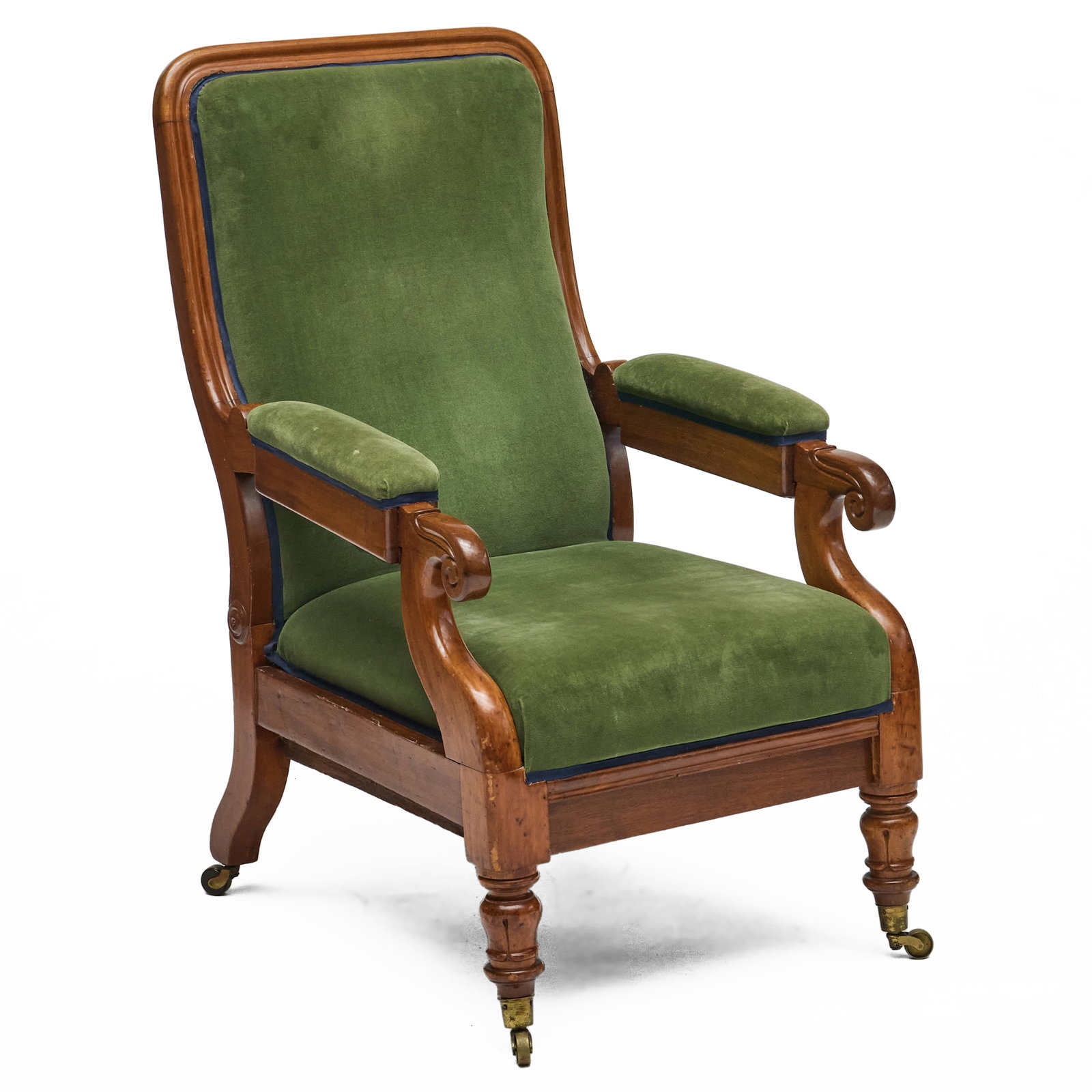 William IV Mahogany and Velvet Upholstered Armchair: William IV Mahogany and Velvet Upholstered Armchair Raised on casters.42 1/4 x 25 1/2 x 30 1/2 in., seat height 17 in. Collection of Percival Paul Steinhart, III.