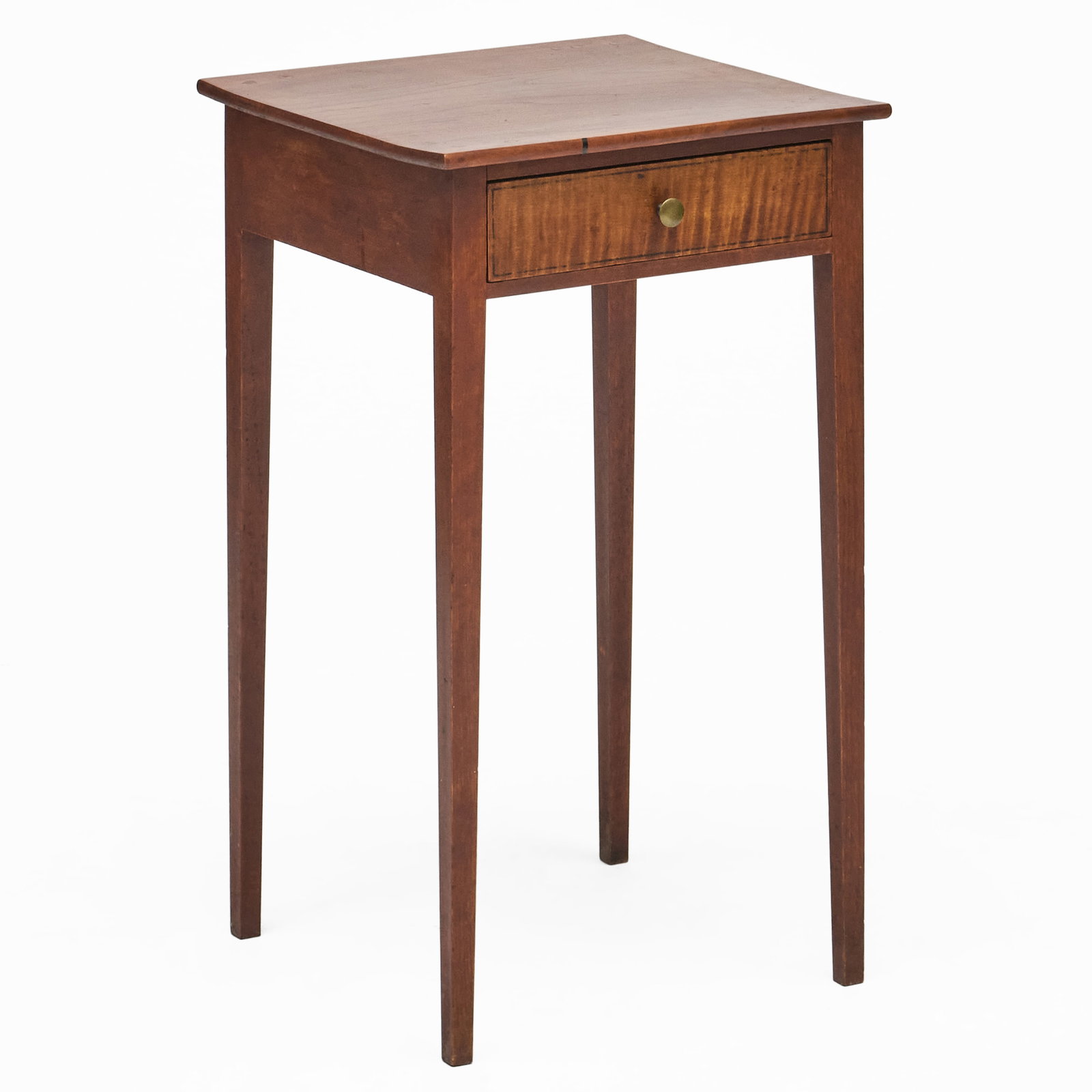 Federal Tiger Maple Side Table: Fitted with one drawer. 27 1/2 x 15 3/4 x 15 in.