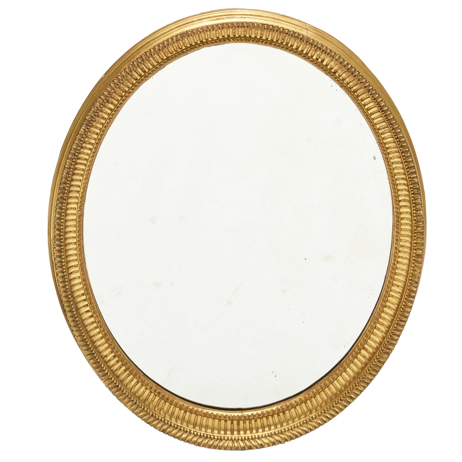 Oval Giltwood Mirror: Fitted with a beveled mirror plate. 34 1/2 x 29 1/2 in.