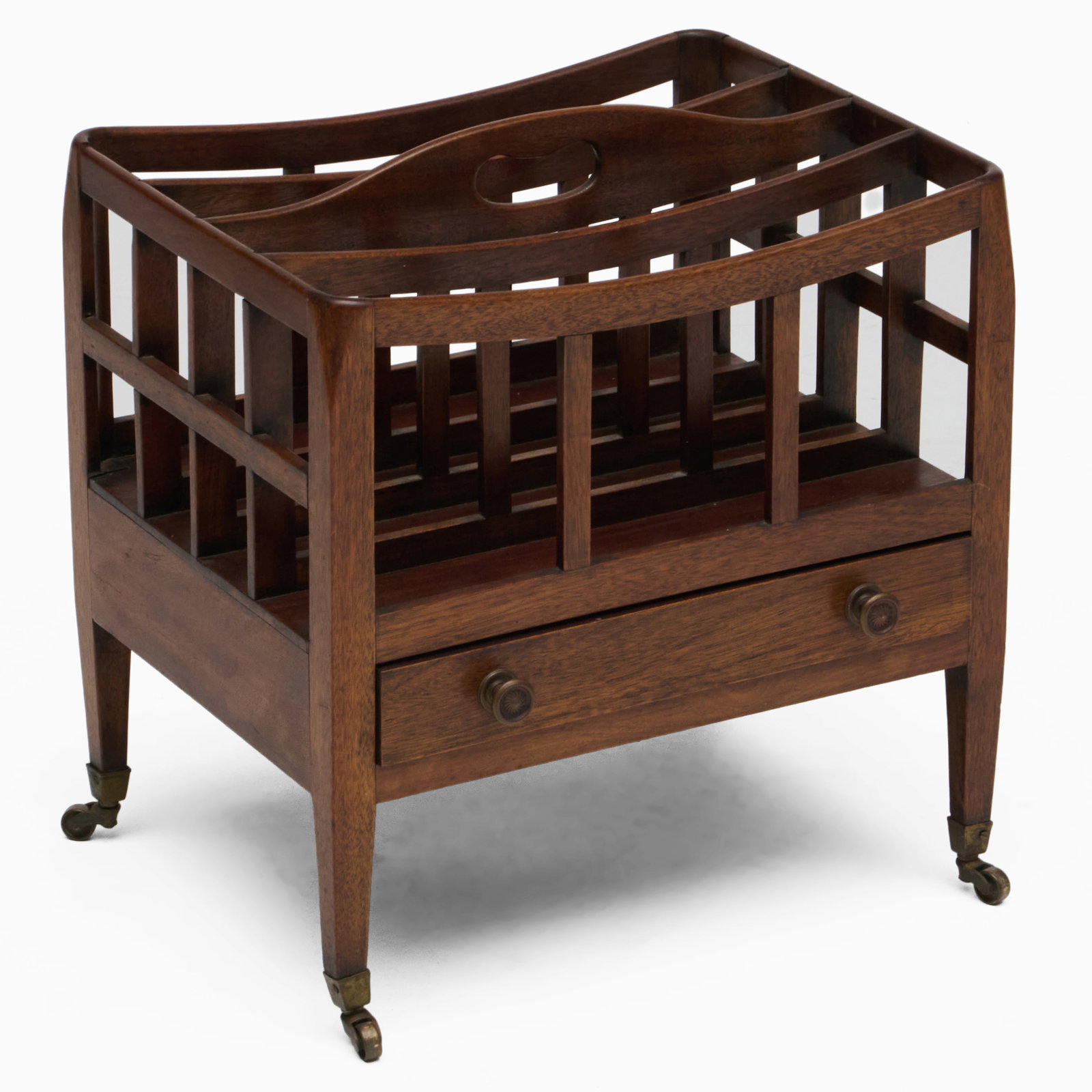 George III Mahogany Canterbury: Raised on casters and fitted with one drawer. 19 x 18 1/4 x 14 in.