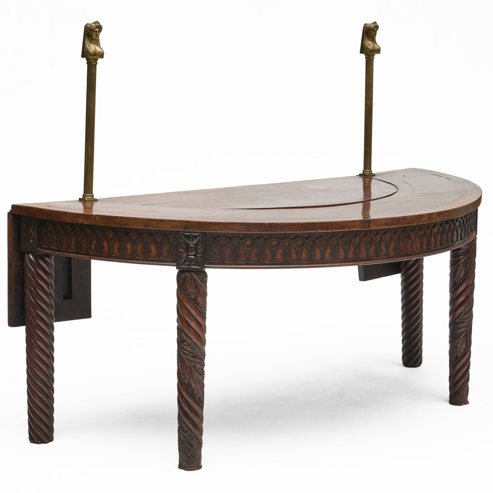 Victorian Carved Mahogany and Ebonized Inlaid Hunt Table: With a brass-mounted superstructure.4 ft. 6 1/2 x 6 ft. x 35 1/2 in., overall.Height without superstructure, 31 3/4 in.