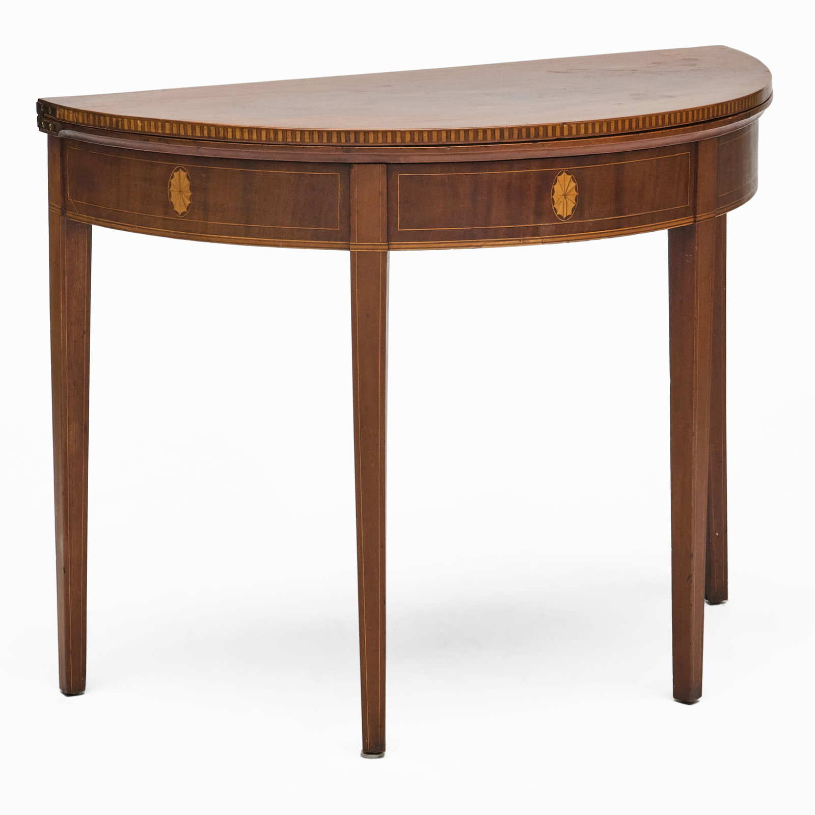 George III Fruitwood-Inlaid Mahogany Games Table: 28 1/2 x 36 x 18 in., closed.28 x 35 1/2 in. diam., open.