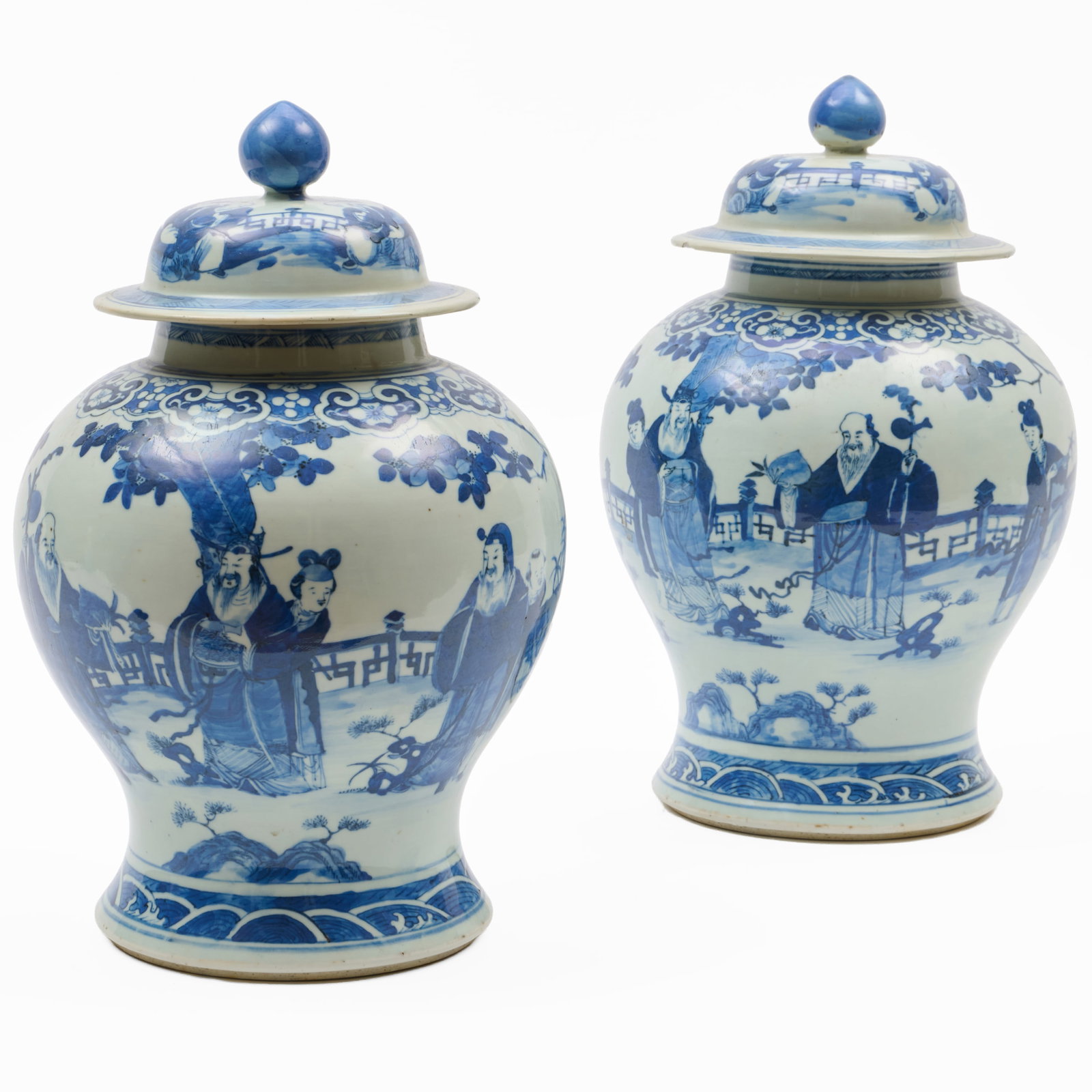 Pair of Chinese Blue and White Porcelain Baluster Jars and Covers: Unmarked.15 1/4 x 8 1/4 in. diam.