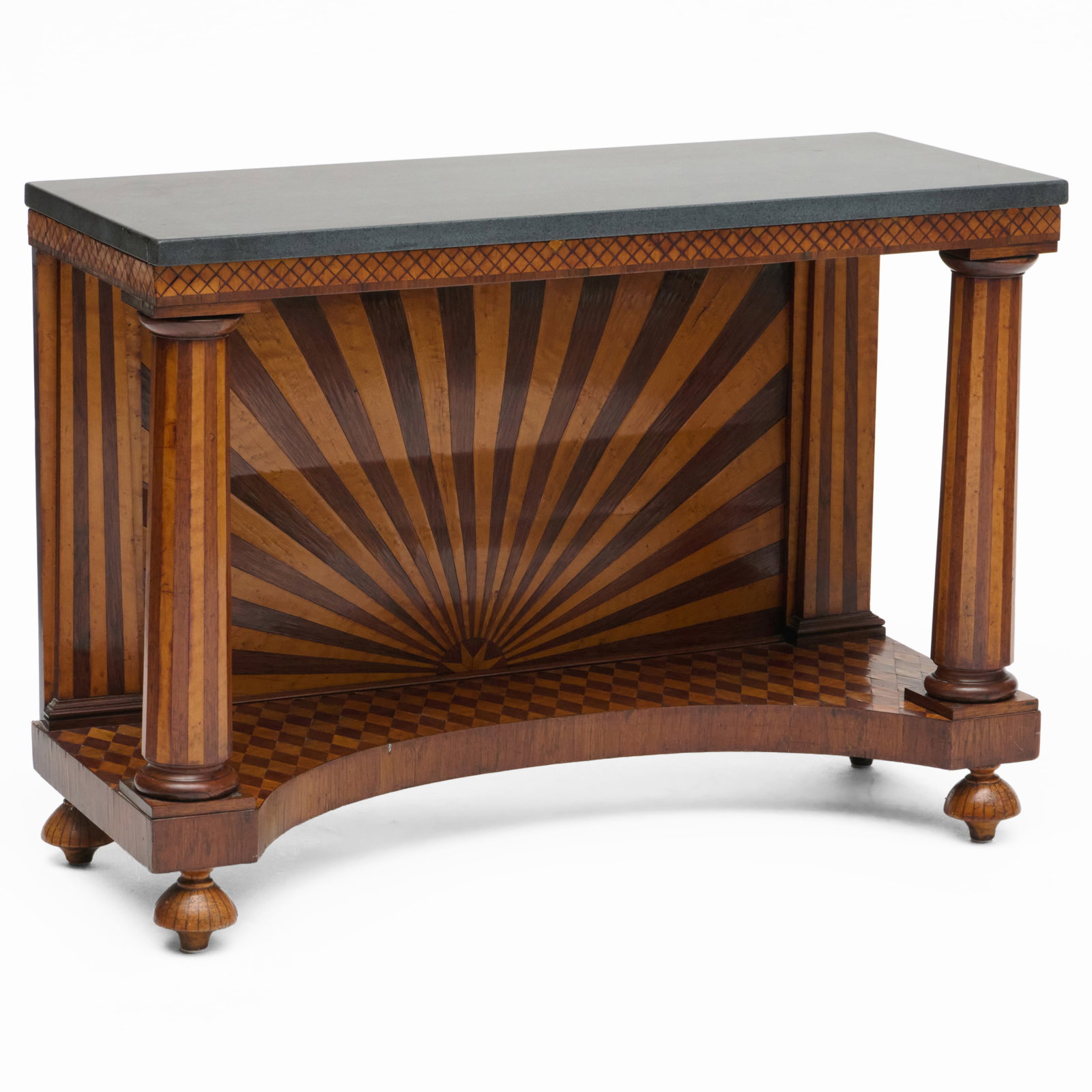 Continental Neoclassical Style Inlaid Console Table with Marble Top: 32 1/2 x 45 1/2 x 18 in.