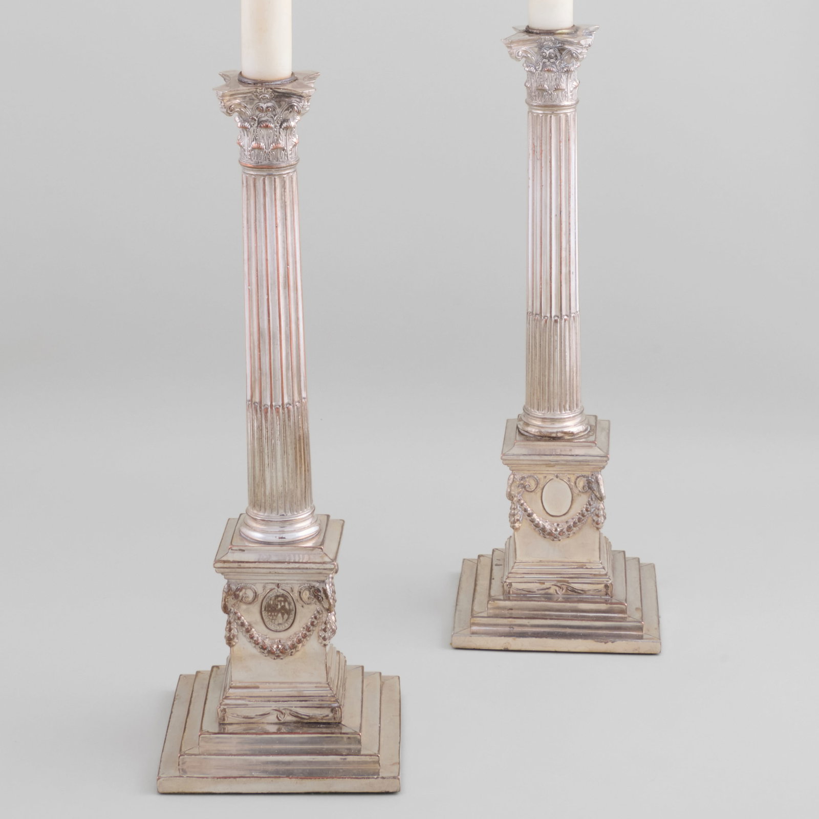 Pair of Silver Plate Columnar Candlesticks Mounted as Lamps: 24 1/2 x 4 3/4 x 4 3/4 in. (to socket).