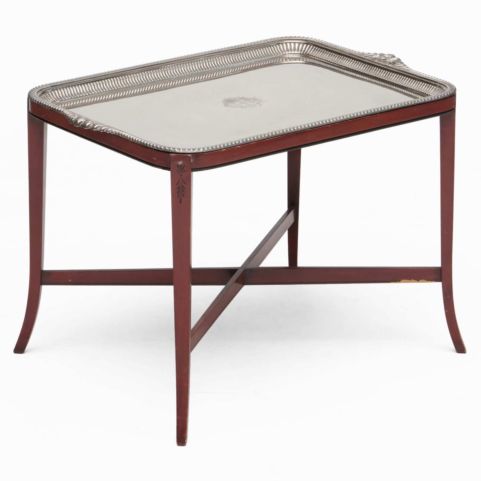 Gorham Silver Plate Try on Later Stand: Monogrammed. The tray 18 1/4 x 26 1/2 in., 19 1/4 x 18 1/4 x 26 1/2 in. (overall).