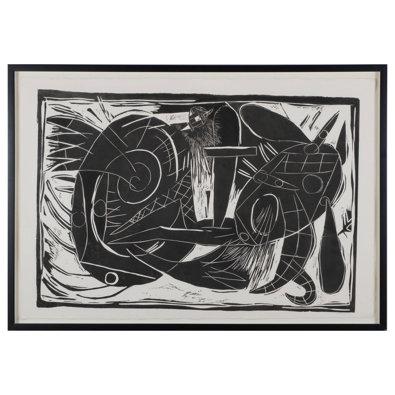 Carlos Alfonzo (1950-1991): Untitled; and Untitled: Two linocuts in black on wove paper, 1989, both signed and dated in pencil, inscribed 'A/P' and 'P/A', smaller with label from Greene Gallery, FL. 27 x 39 in. (sheet), 29 1/2 x 41 1/2 in. (frame), 24