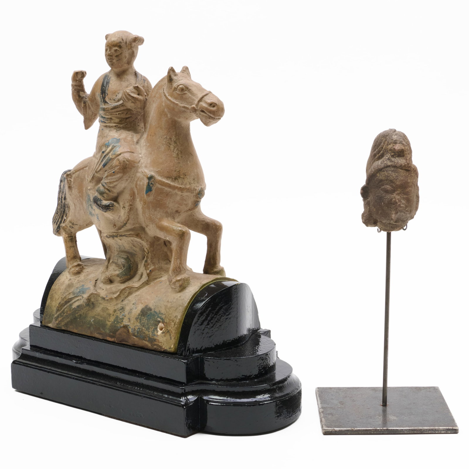Chinese Pottery Equestrian Roof Tile and a Fragment of an Immortal: Each raised on stand.The tile on stand 15 x 14 x 6 1/4 in.