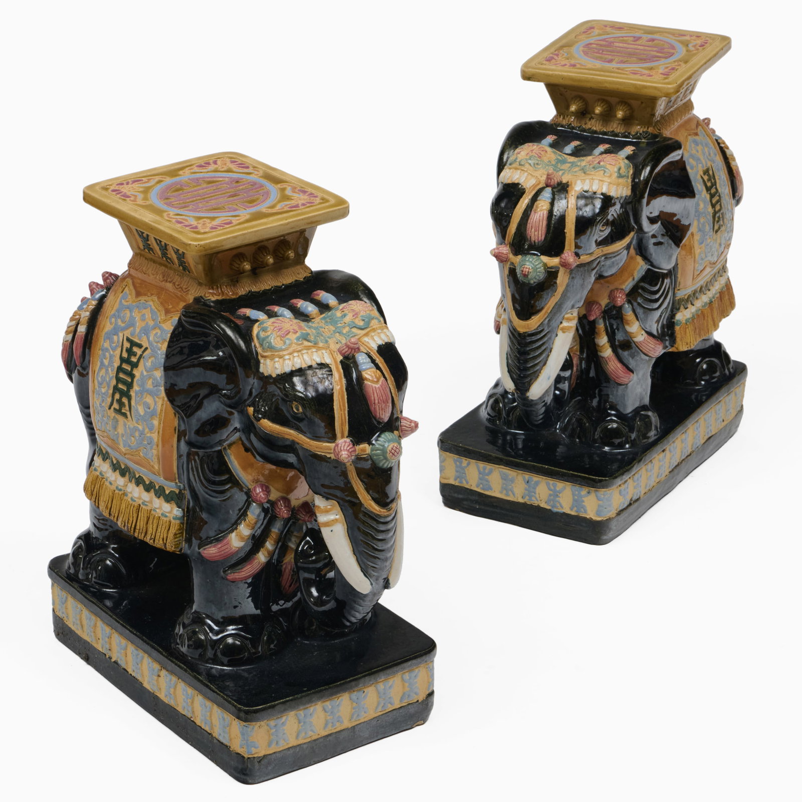 Pair of Chinese Glazed Porcelain Elephant Form Garden Seats: 22 x 8 1/2 x 20 in.