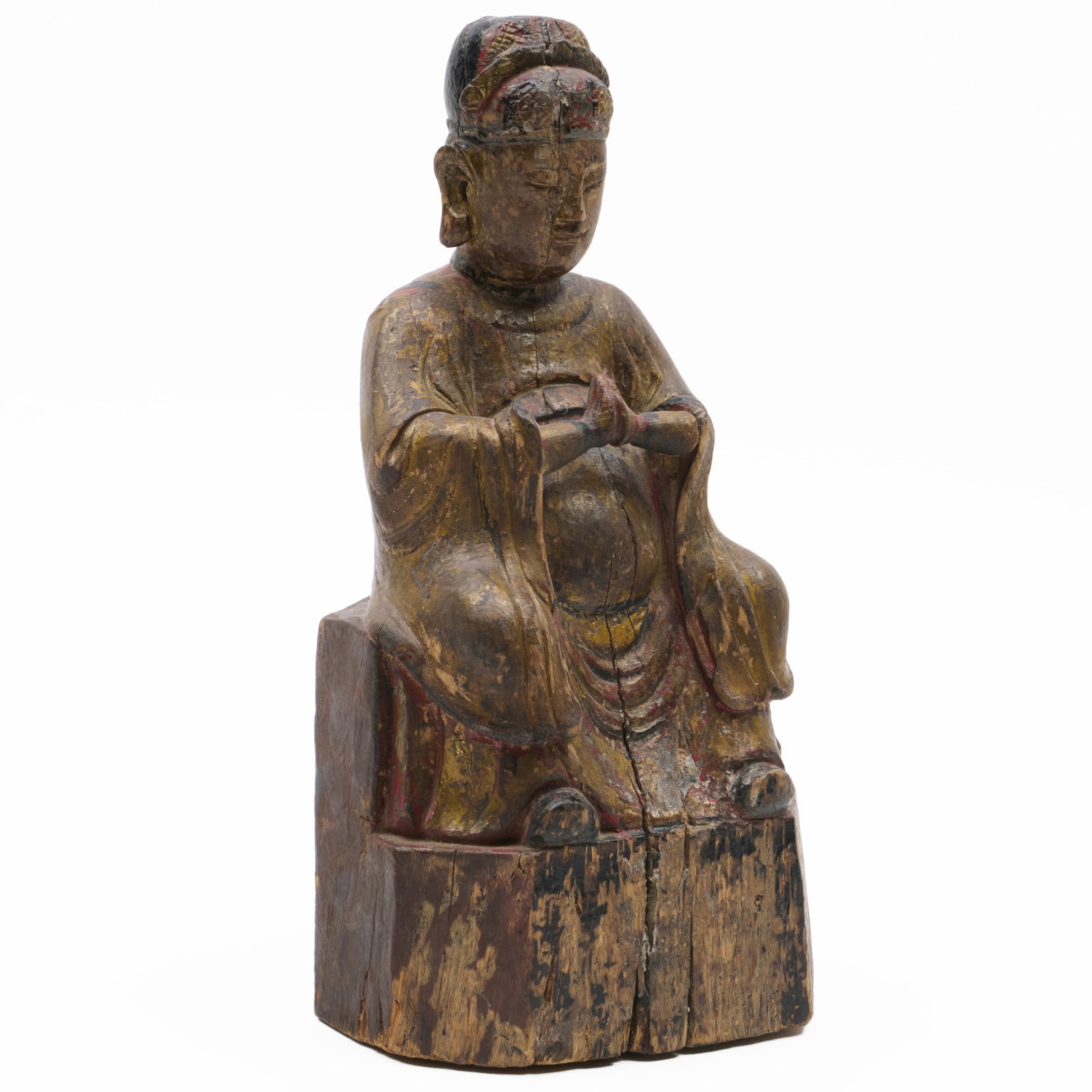 Chinese Polychrome Wood Figure of a Seated Immortal: 13 1/4 x 6 1/4 x 5 in.