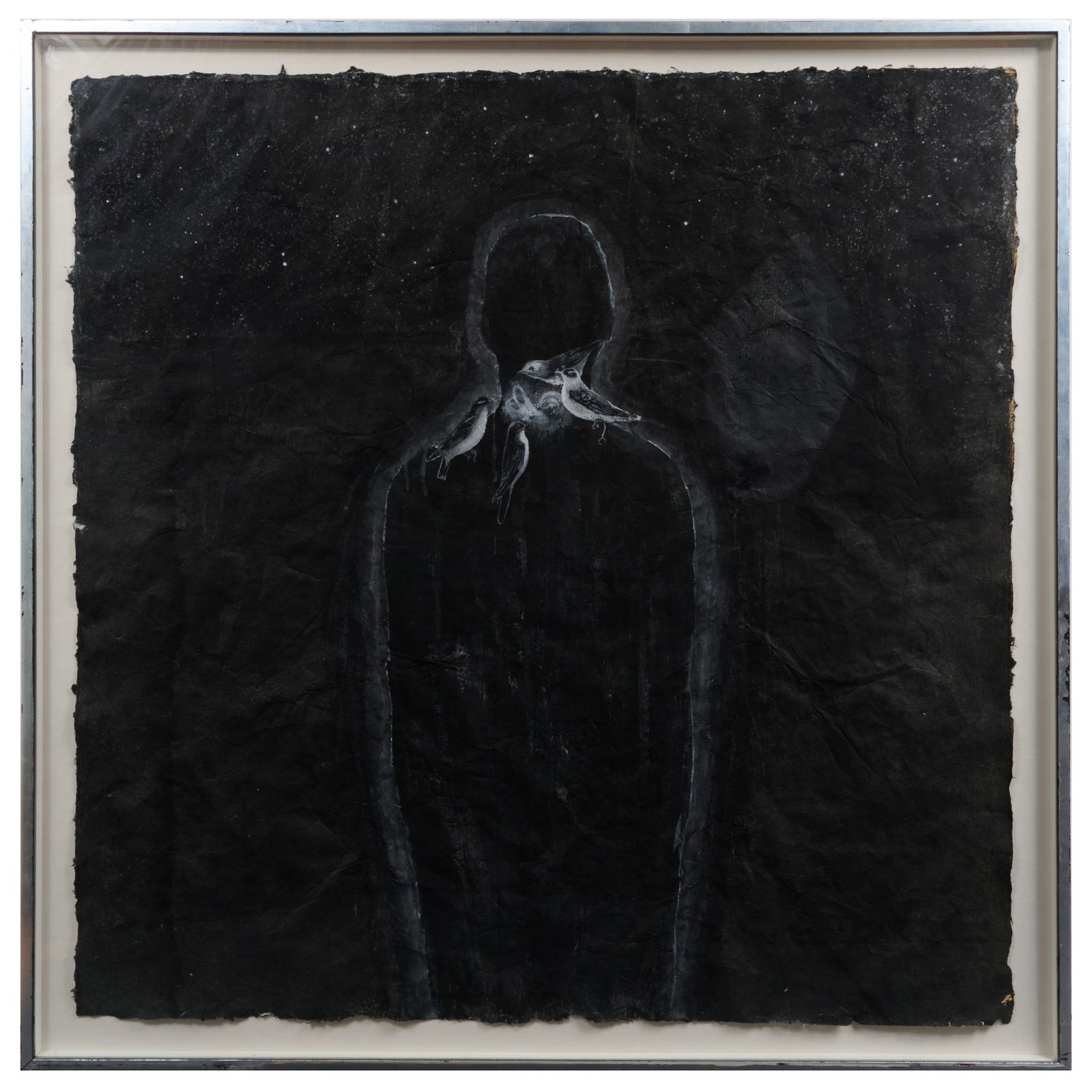 Enrique Martinez Celaya (b. 1964): Figure with Stars, Ears: Watercolor and ink on handmade paper, 2001, unsigned, with label from Galeria Ramis Barquet, NY. 58 x 57 in. (sheet), 63 1/2 x 63 1/2 in. (frame).