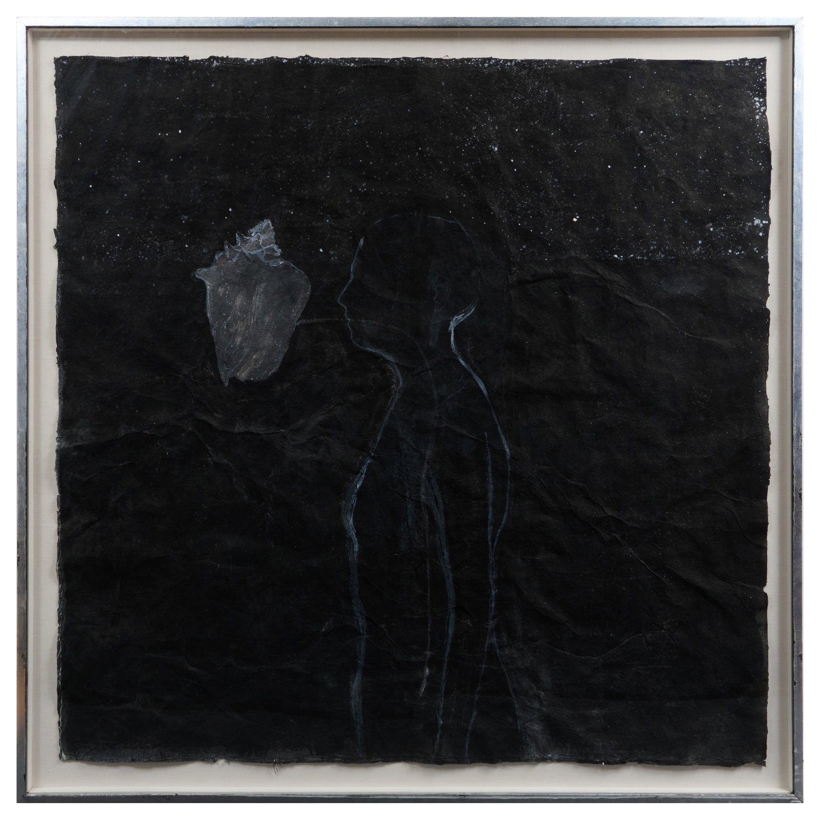 Enrique Martinez Celaya (b. 1964): Figure with Stars, Music: Watercolor and ink on handmade paper, 2001, unsigned, with label from Galeria Ramis Barquet, NY. 58 x 58 in. (sheet), 63 1/2 x 63 1/2 in. (frame).