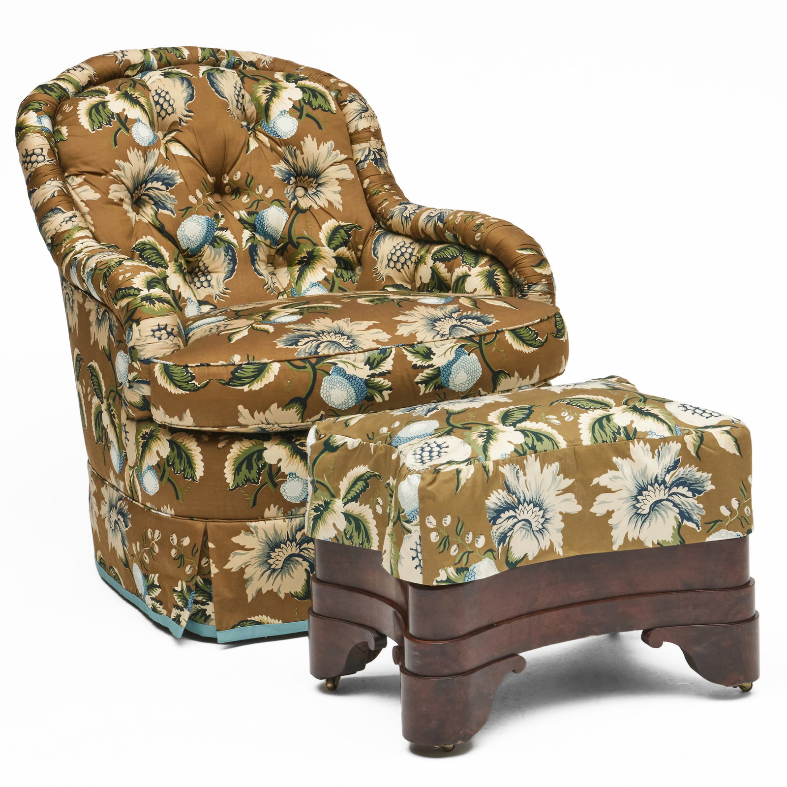 Tufted Chintz Upholstered Club Chair and a Victorian Mahogany Ottoman (1 of 17)