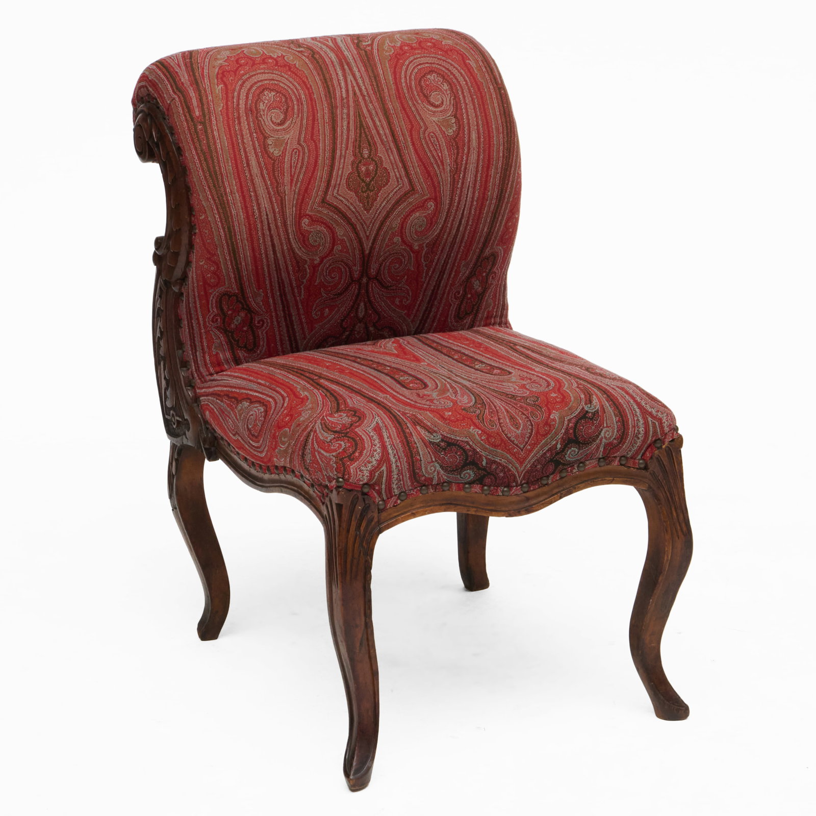 Unusual Victorian Mahogany Scroll Back Side Chair with Pashmina Upholstery: 31 x 19 x 26 in., seat height 17 in.
