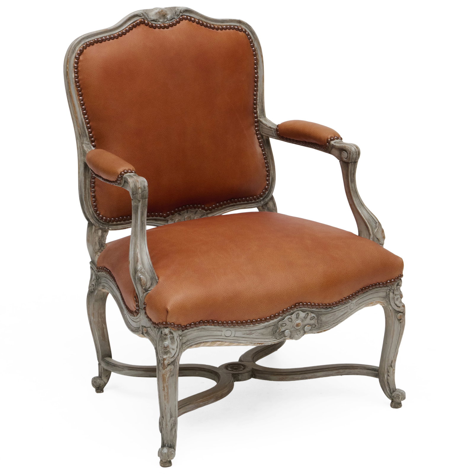 Louis XV Style Grey Painted and Leather Armchair: 35 x 25 1/2 x 23 1/4 , seat height 16 in.