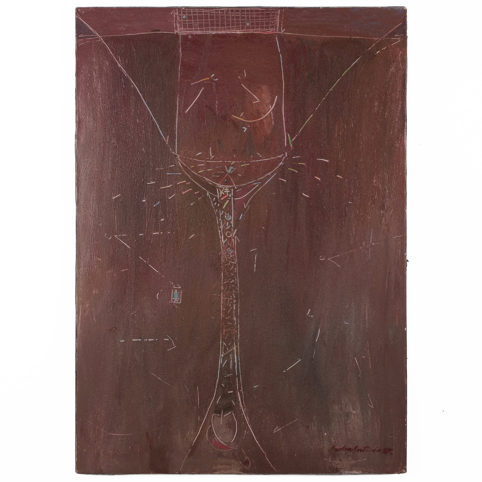 Julio Antonio (b. 1950): Untitled: Mixed media on canvas, 1987, signed 'Julio Antonio' and dated lower right. 48 x 34 in., unframed.