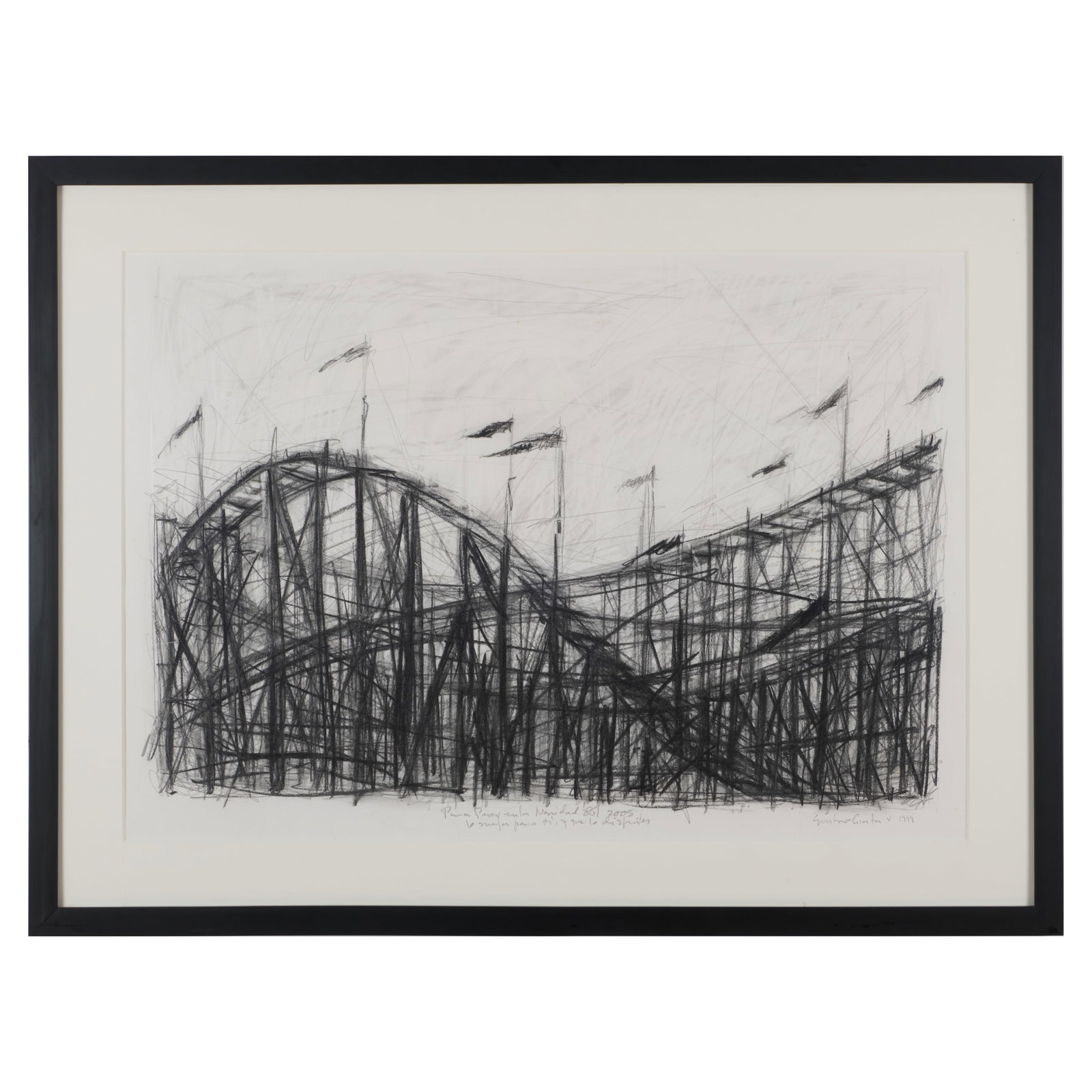 Gustavo Acosta (b. 1958): Roller Coaster: Pencil on paper, 1999, signed 'Gustavo Acosta' and dated lower right, inscribed 'Para Percy Navidad 2005' lower center. 25 x 36 in. (sight), 33 1/2 x 44 in (frame).