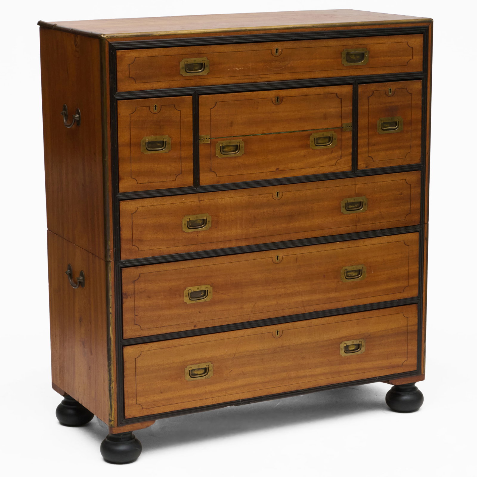 Brass-Mounted Mahogany and Ebonized Campaign Chest: 4 ft. 1 1/2 in. x 43 x 19 in.