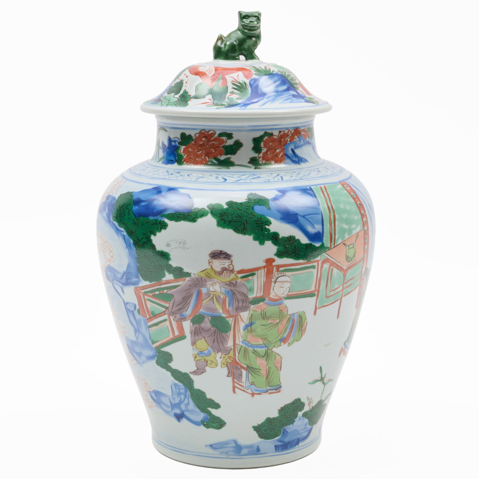 Mottahedeh Wucai Style Porcelain Jar and Cover: Mottahedeh Wucai Style Porcelain Jar and Cover Printed mark.15 x 8 in. diam. Collection of Percival Paul Steinhart, III.