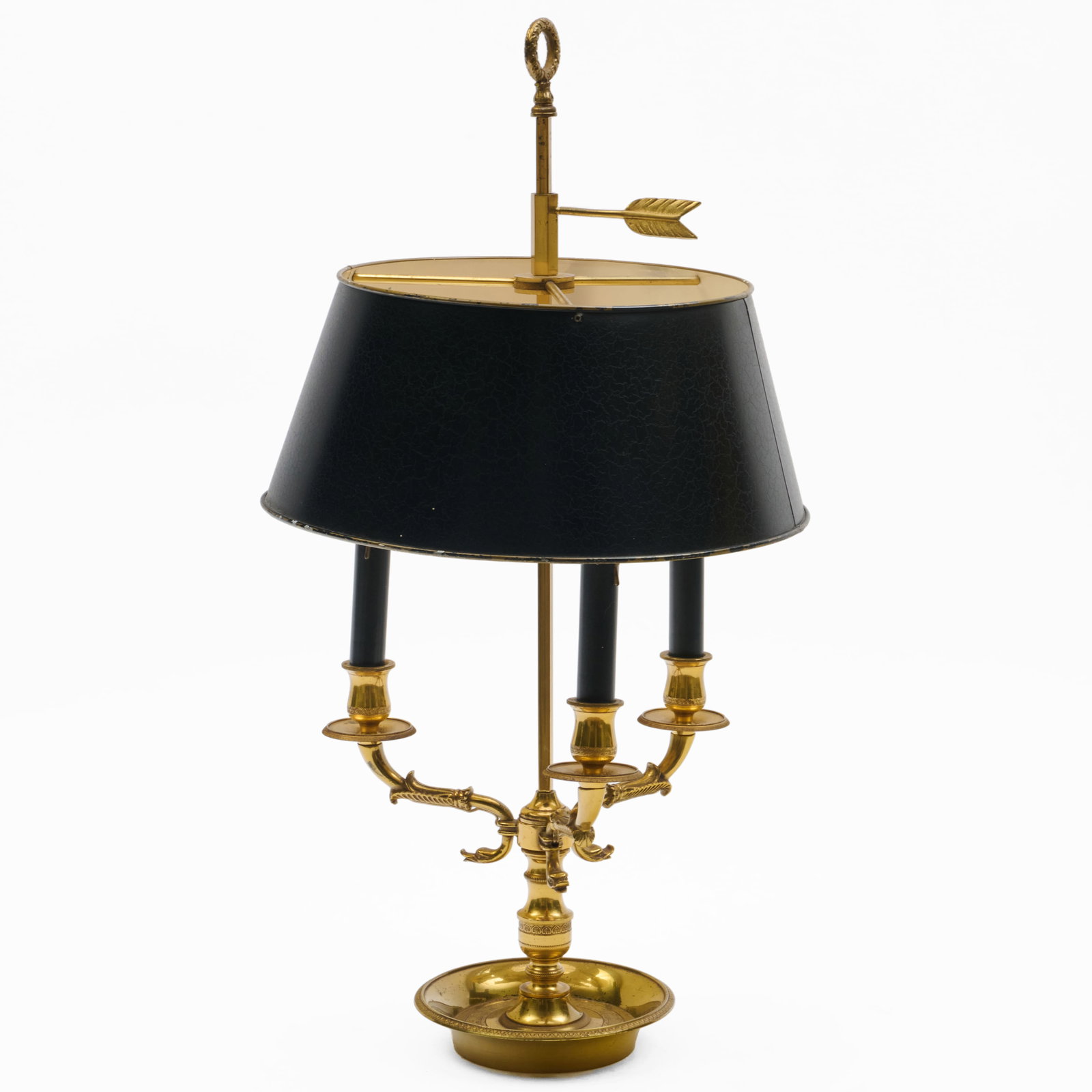 French Gilt-Bronze and Tole Three Branch Retractable Bouillotte Lamp: French Gilt-Bronze and Tole Three Branch Retractable Bouillotte Lamp 25 1/2 x 13 1/4 in. diam. tole shade x 6 1/2 in. diam. base. Collection of Percival Paul Steinhart, III.