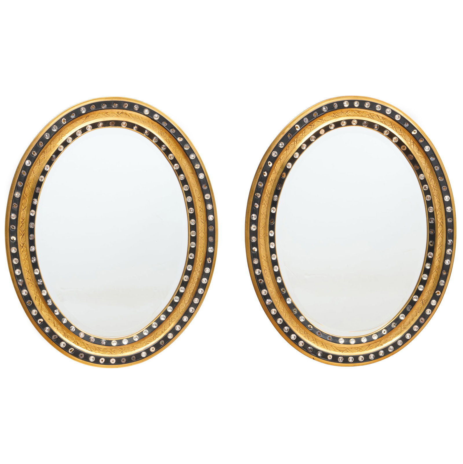 Pair of Irish Ebonized, Parcel-Gilt and Beaded Oval Mirrors, Modern (1 of 13)