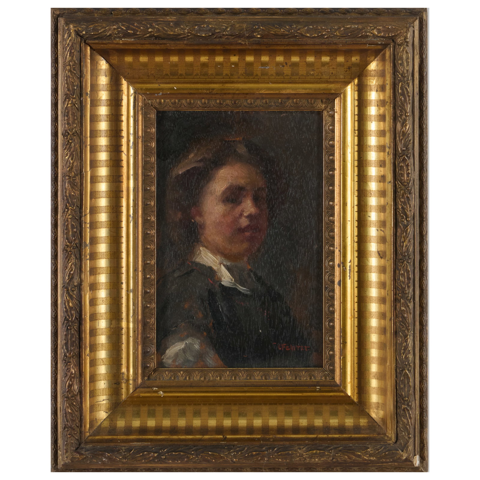 European School: Portrait: Oil on board, indistinctly signed lower right. 7 x 4 1/2 in., 12 x 9 1/2 in. (frame).