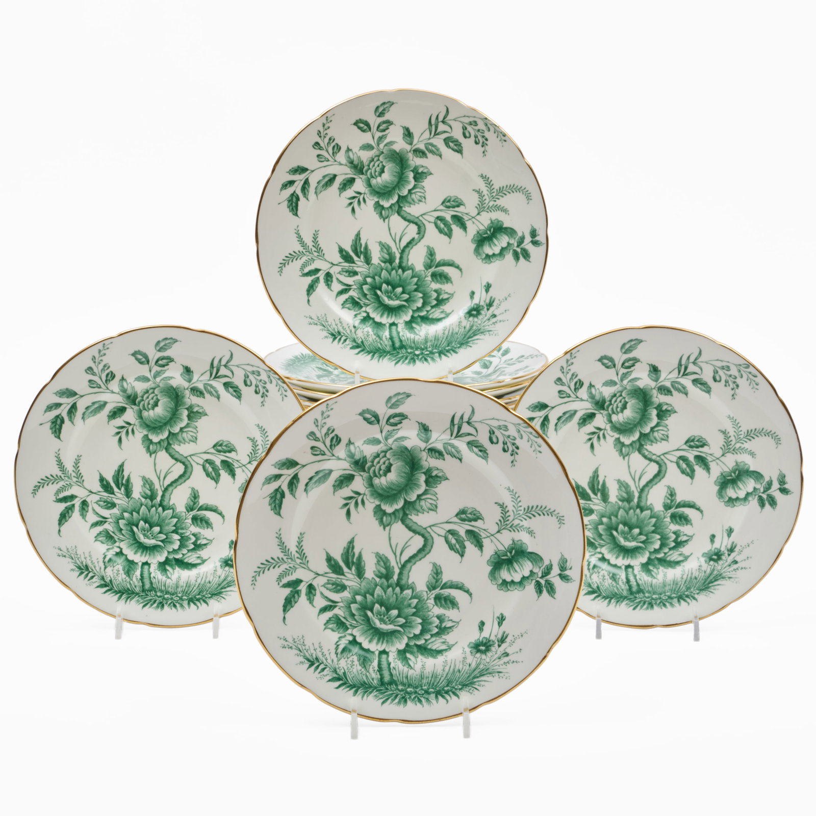 Set of Eleven Foley Porcelain Dessert Plates in the 'Peony' Pattern: Green printed mark.8 1/8 in. diam.