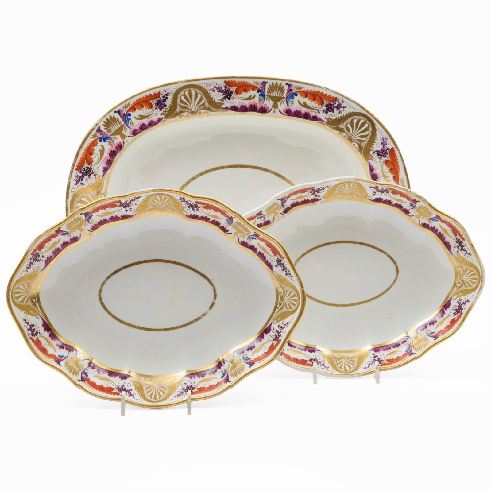 Derby Platter and Two Oval Serving Dishes: Iron red painted mark.The serving dishes 2 1/4 x 8 1/2 x 11 1/2 in., the platter 12 1/4 x 16 in.