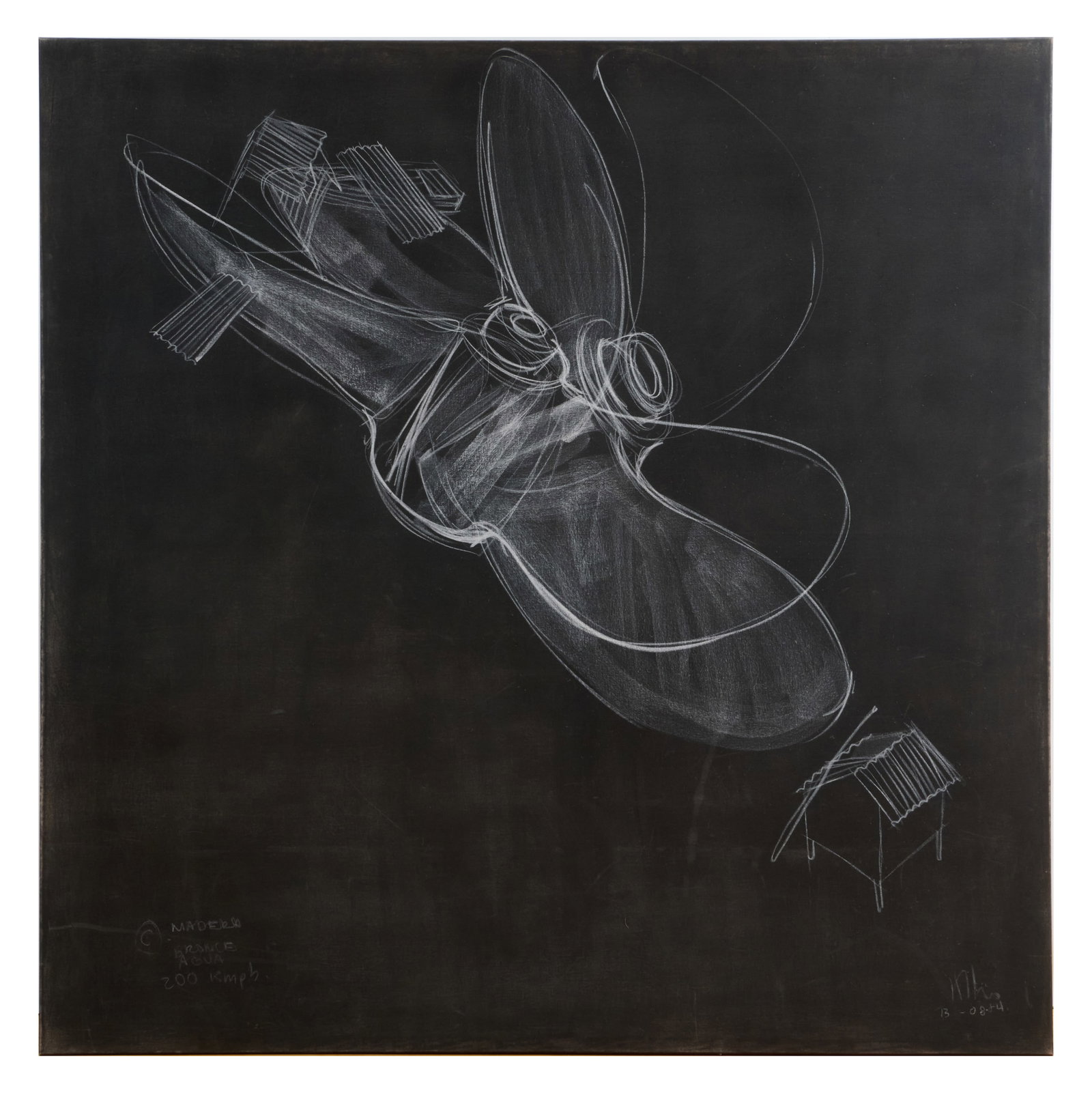 Kcho (b. 1970): Madere Bronce Agua, 200 kmph: Mixed media on canvas, 2004, signed 'Kcho' and dated lower right, titled lower left. 78 1/2 x 78 in., unframed.