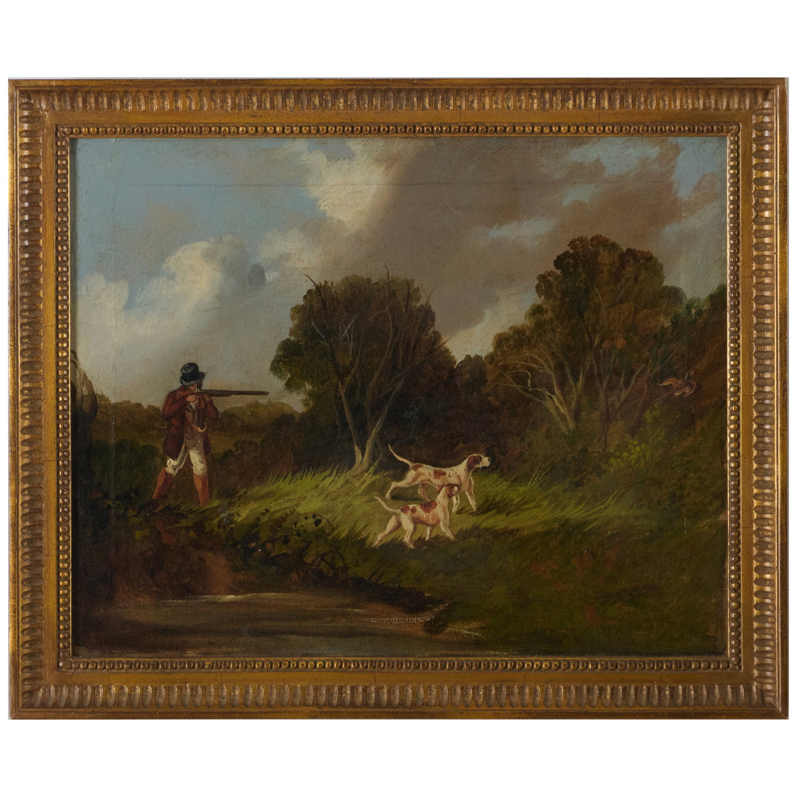 English School: The Hunt with Two Pointers: Oil on canvas, unsigned. 11 1/2 x 14 in., 13 1/2 x 16 1/2 in. (frame).
