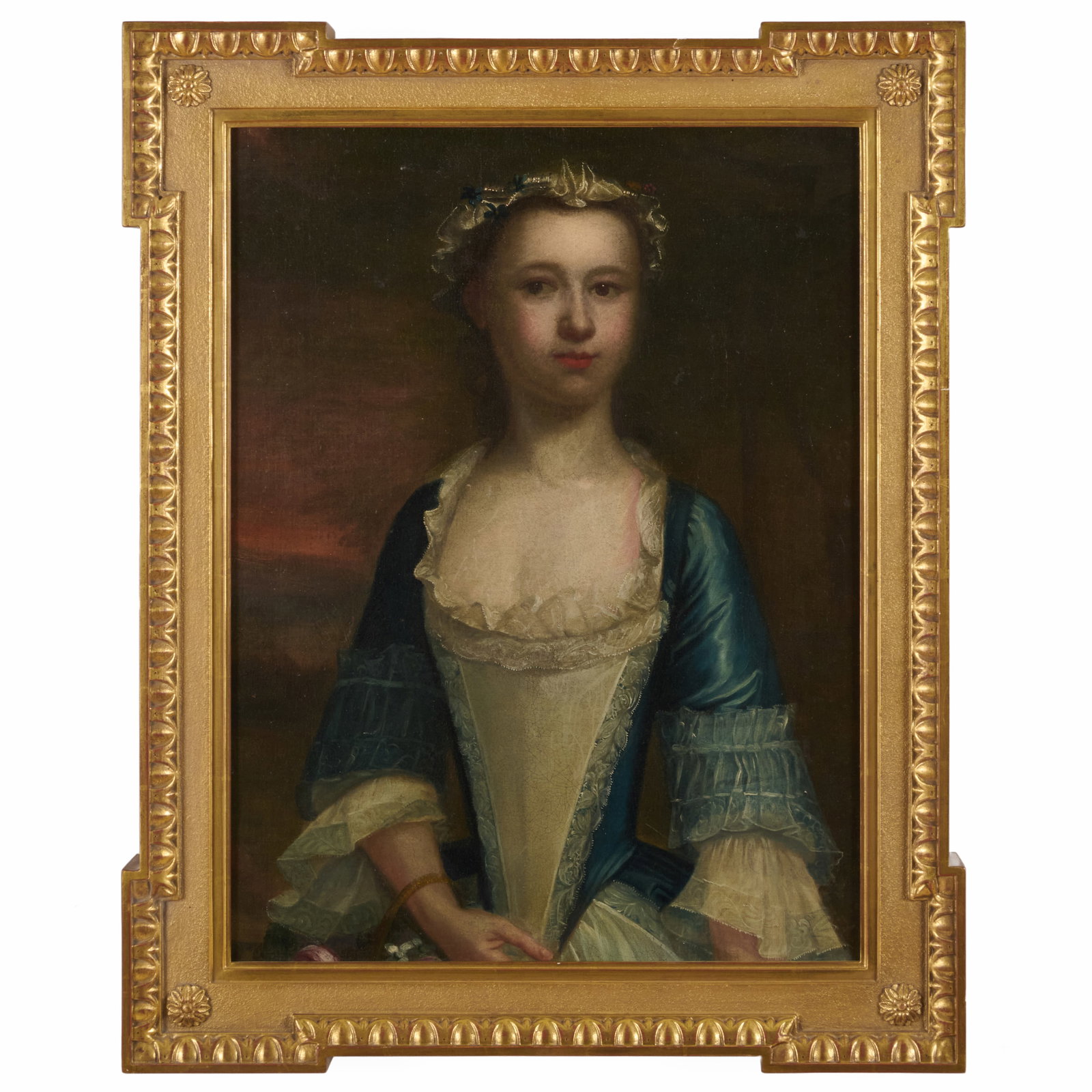 European School: Portrait of a Young Lady: Oil on canvas, unsigned, lined. 25 x 19 in., 30 1/2 x 24 1/2 in. (frame).