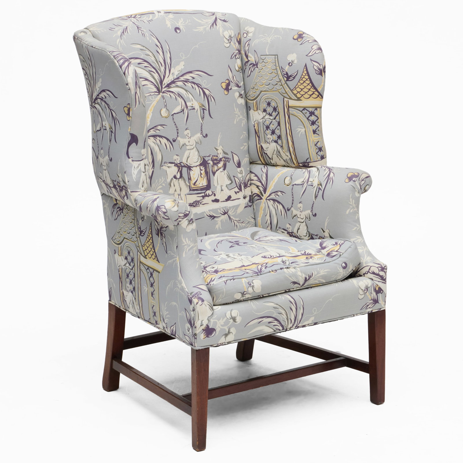 George III Style Mahogany Wingchair: Upholstered in chinoiserie linen fabric.46 1/2 x 29 x 26 in., seat height 20 1/2 in.