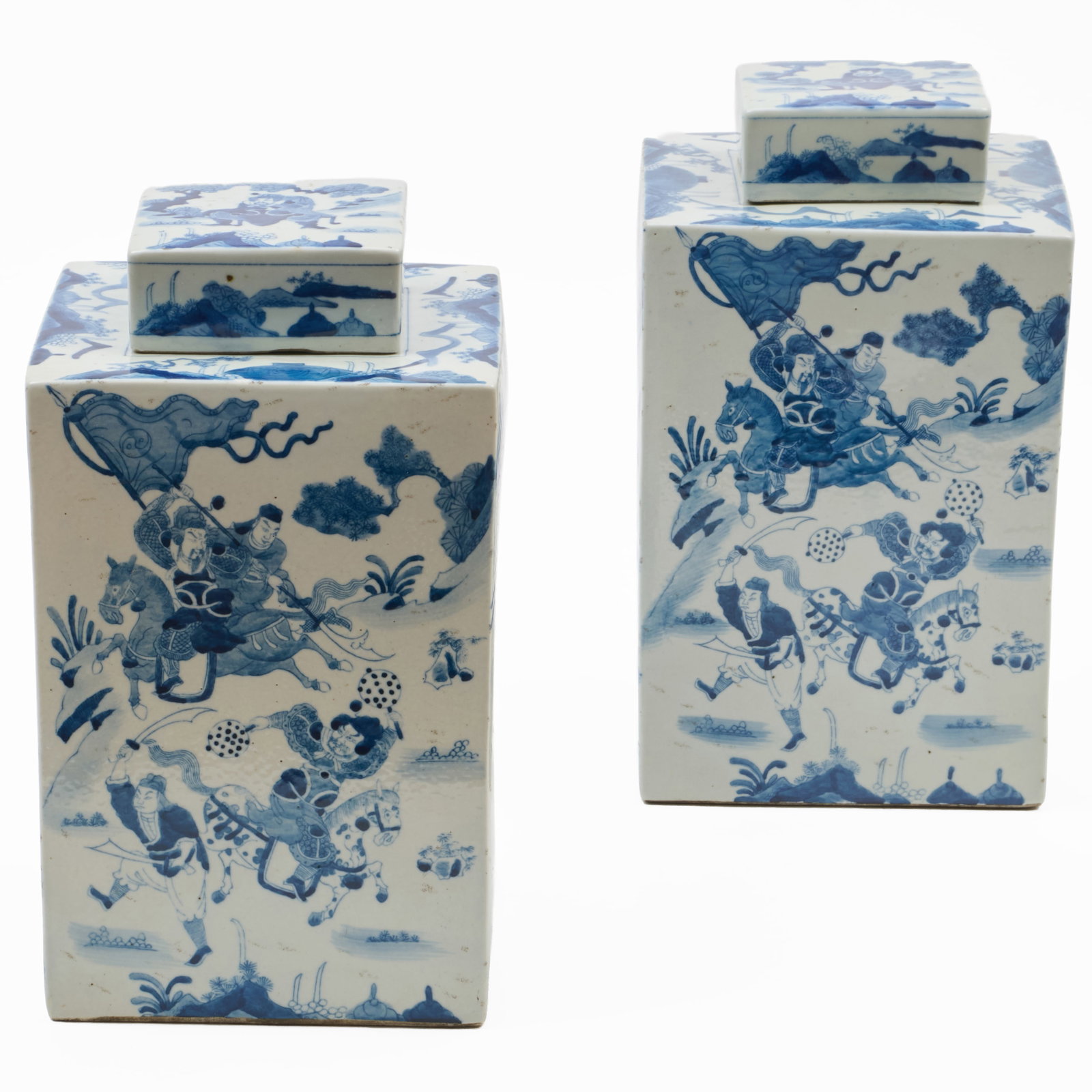 Pair of Chinese Blue and White Porcelain Square Jars and Covers: Unmarked.12 1/4 x 7 x 7 in.