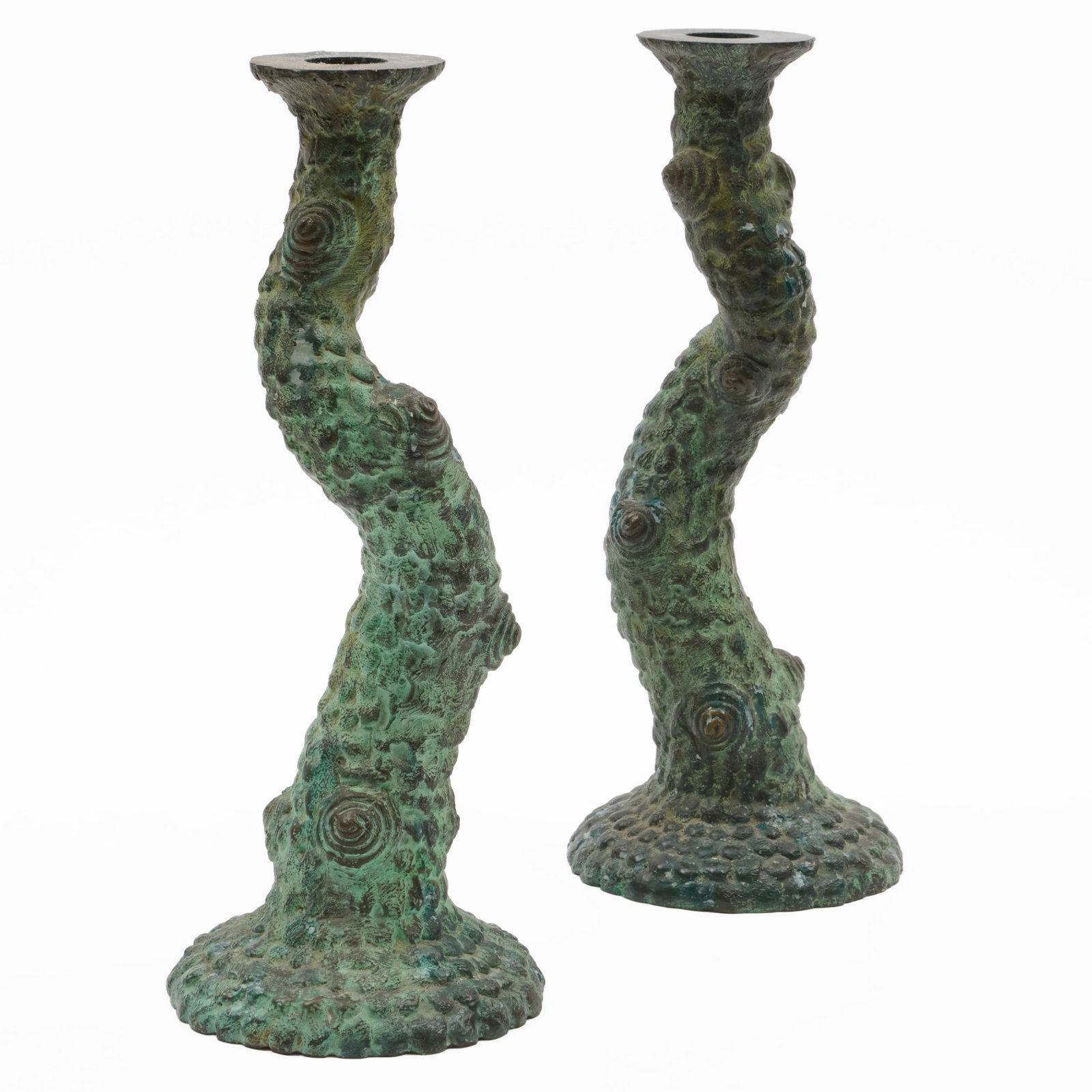 Pair of Patinated Metal Candlesticks: Incised 'J. Coogan' no. 2/10. 10 1/4 x 4 1/4 in. diam.
