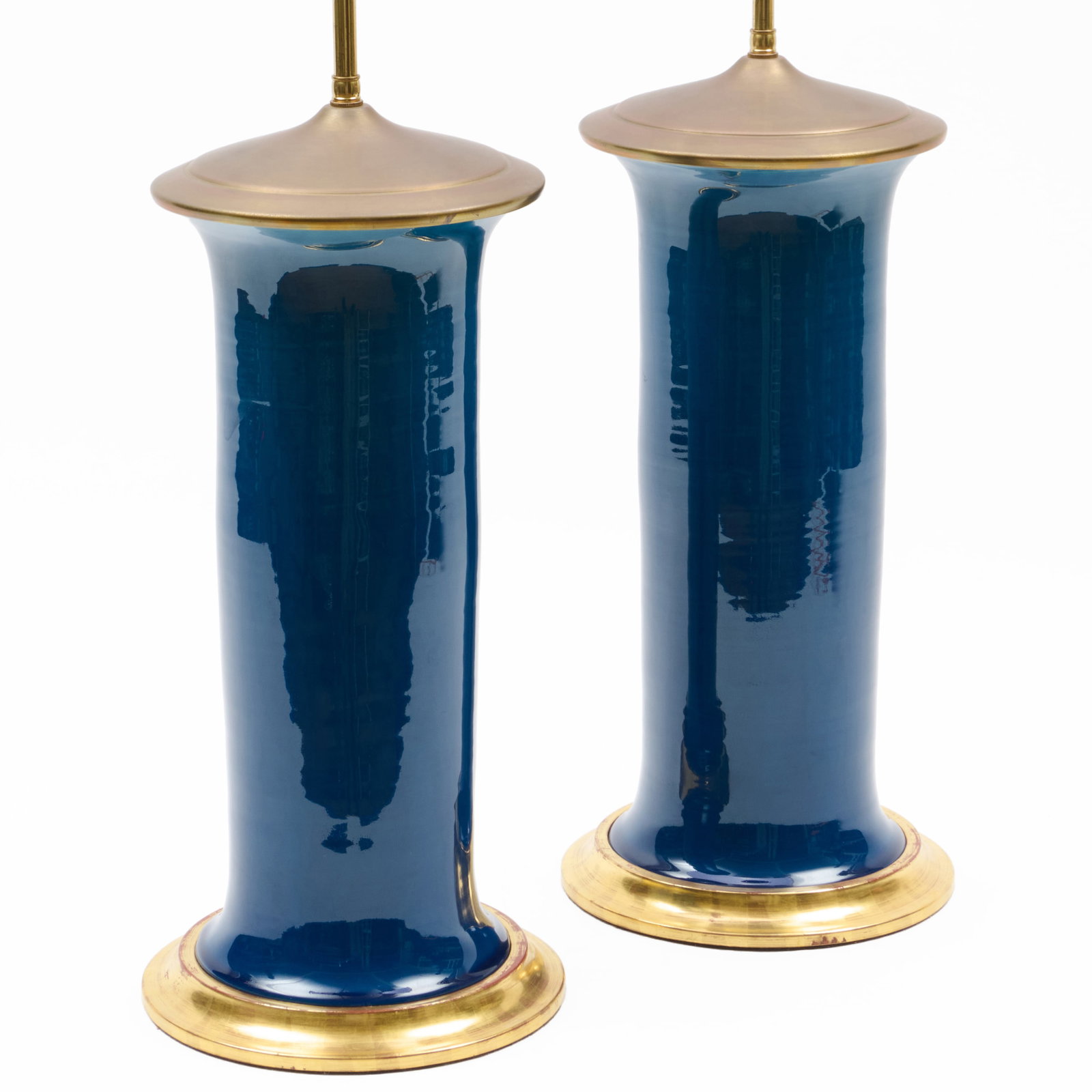 Pair of Christopher Spitzmiller Blue Glazed Porcelain Table Lamps: With label. 26 x 8 1/2 in. diam. (to socket).