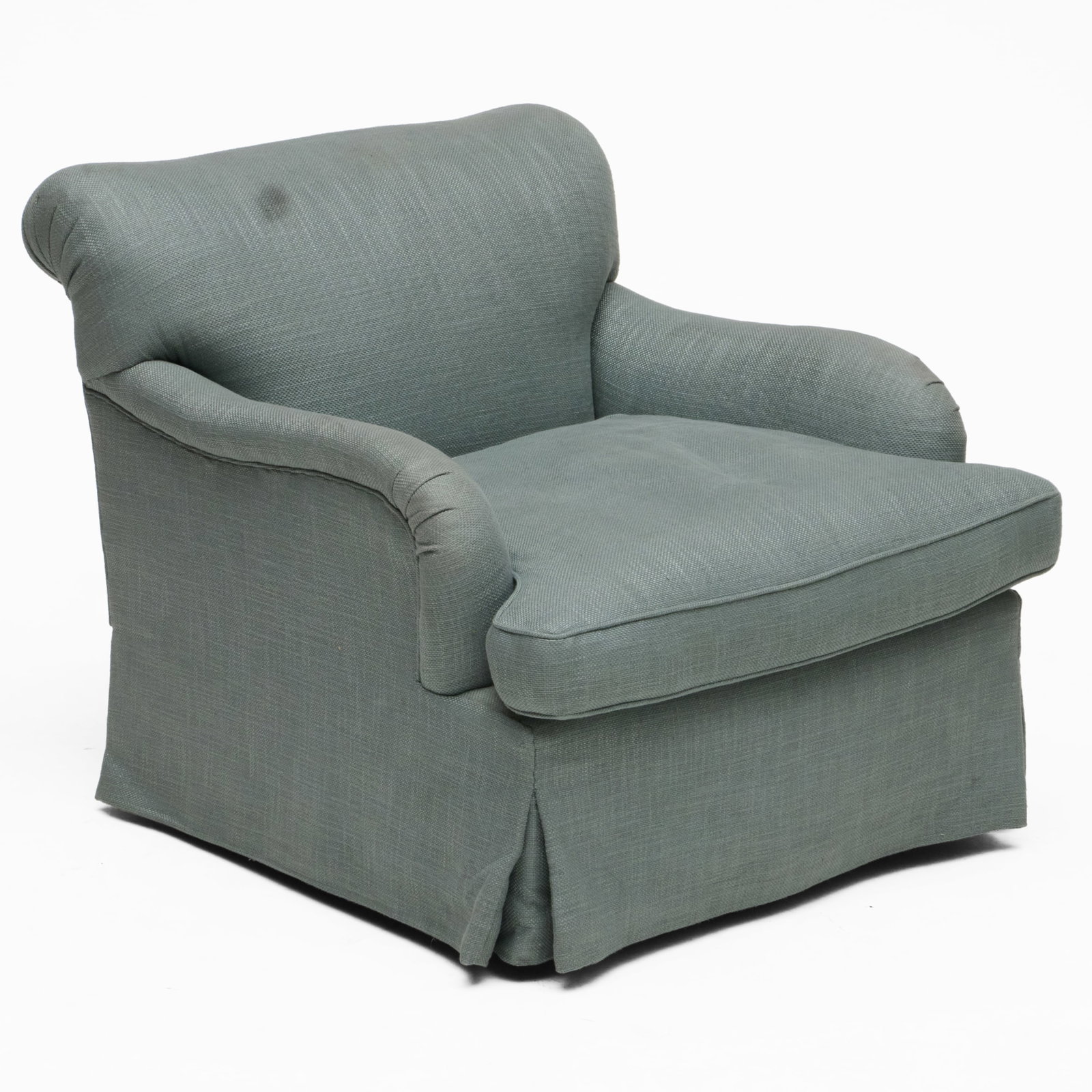 Large Blue Linen Upholstered Swivel Chair: 31 x 33 1/2 x 38 1/2 in., seat height 19 in.