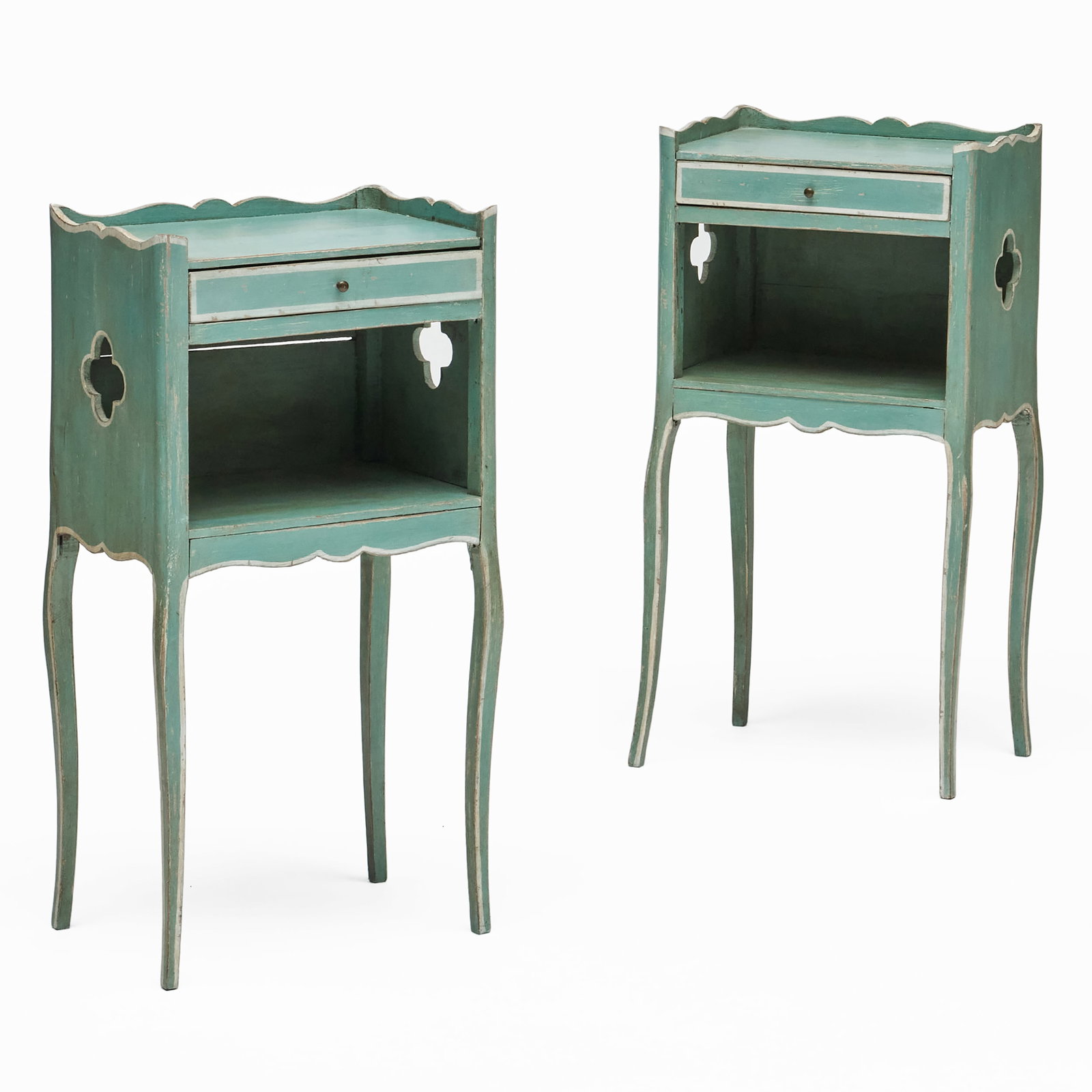 Pair of Blue Painted Bedside Tables: 30 1/2 x 15 3/4 x 10 3/4 in.