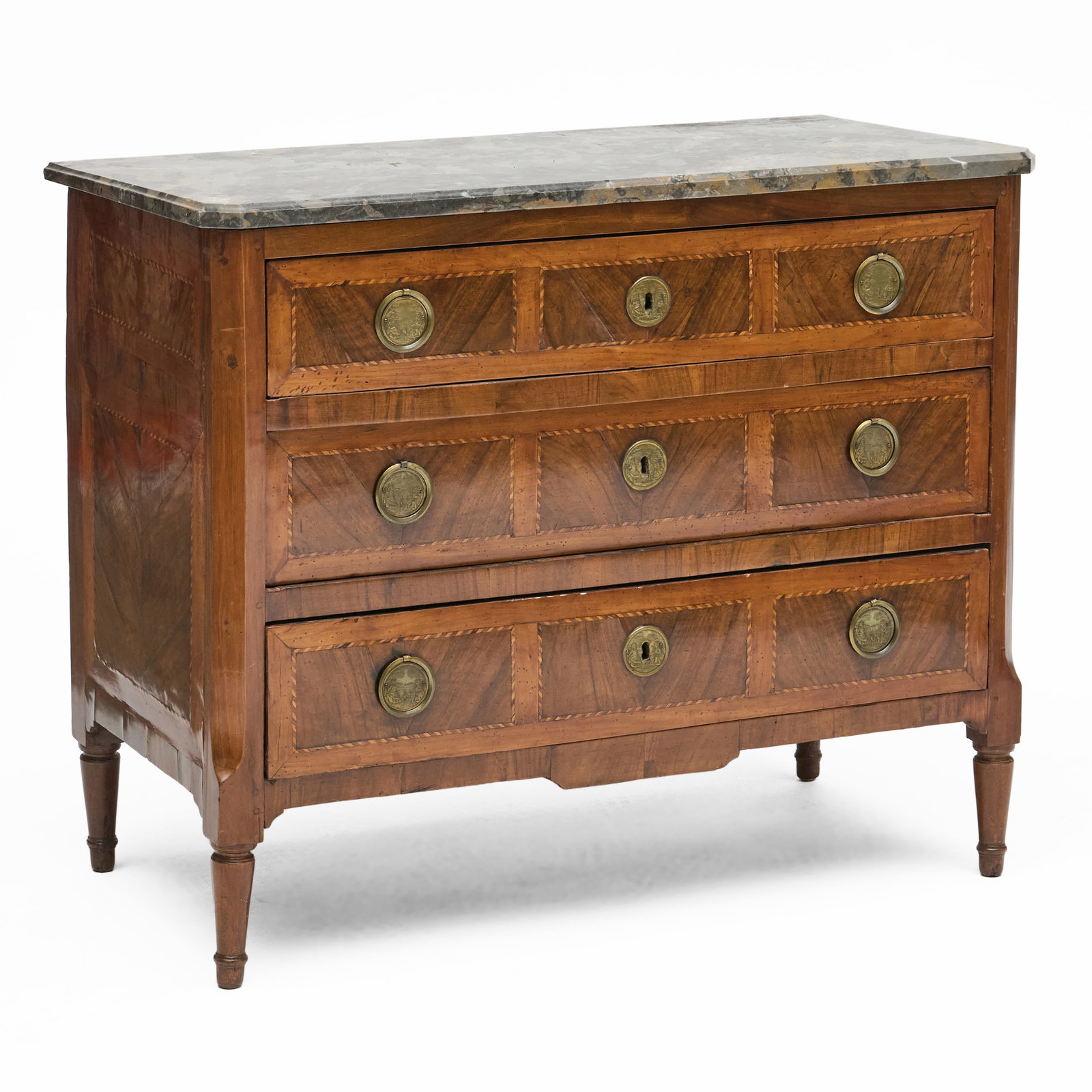 Italian Neoclassical Mahogany and Fruitwood Inlaid Chest of Drawers with a Marble Top: 34 1/4 x 41 1/4 x 20 1/2 in.