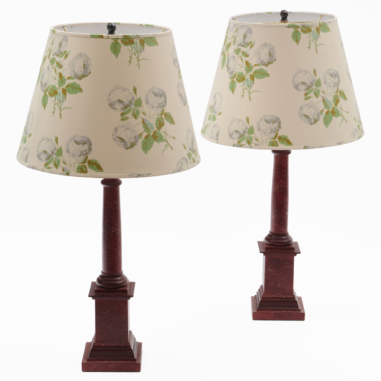 Pair of Faux Porphyry Painted Lamps with Chintz Shades: 20 1/4 x 4 1/2 x 4 1/2 in., to top of socket.