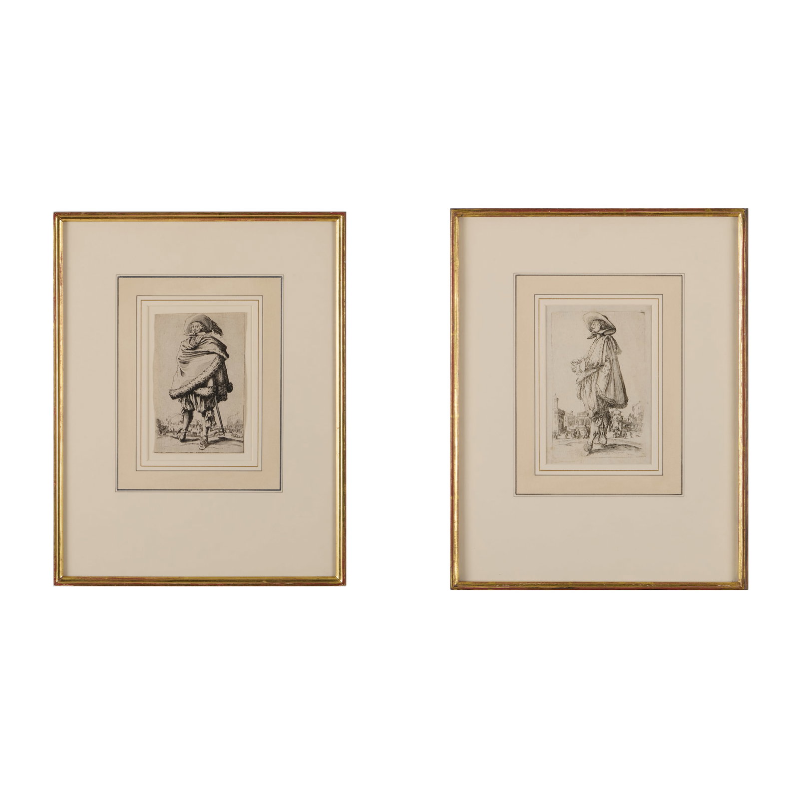 Jacques Callot (1592-1635): Gentil Homme with Clasped Hands; and Nobleman Wrapped in a Mantle, from: Two etchings in black on laid paper, c. 1623, Gentil Homme with Clasped Hands with an unidentified collector's mark on the reverse. 6 1/2 x 4 3/8 in. (sheet), 15 x 11 1/2 in. (frame), 5 1/2 x 3 1/2