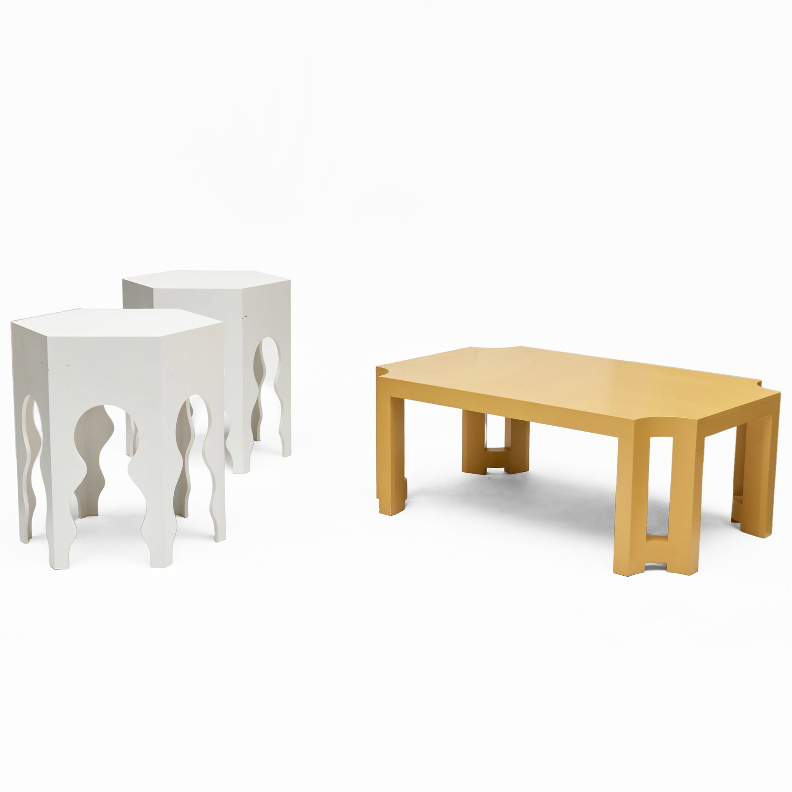 Modern Ochre Painted Low Table and a Pair of White Painted Hexagonal Side Tables: The side tables, 28 x 26 x 22 1/2 in. The low table, 19 x 4 ft. 2 x 32 in.