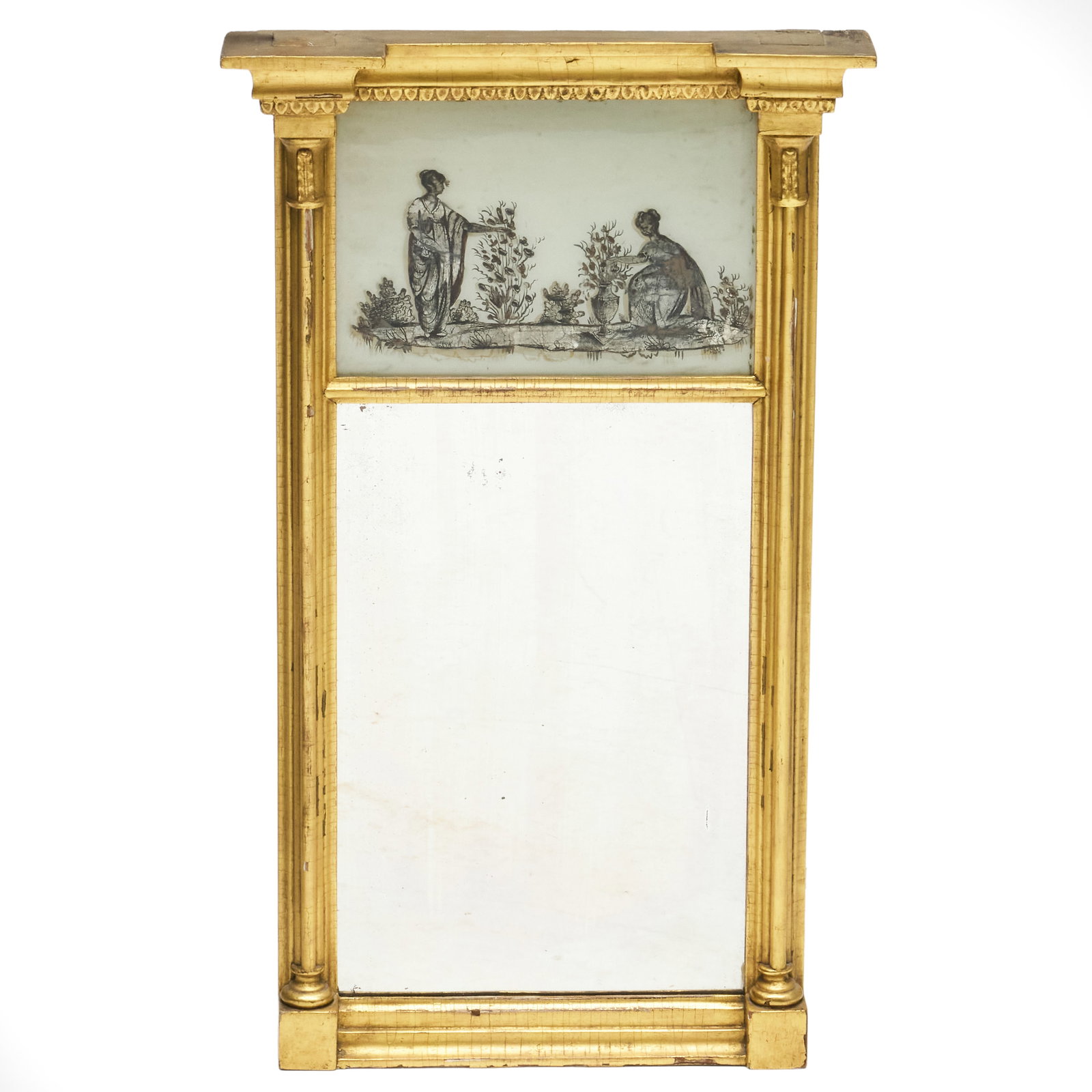 Federal Giltwood Mirror with a Verre Eglomise Panel: Label on the reverse.30 1/4 X 17 3/ 4 in.
