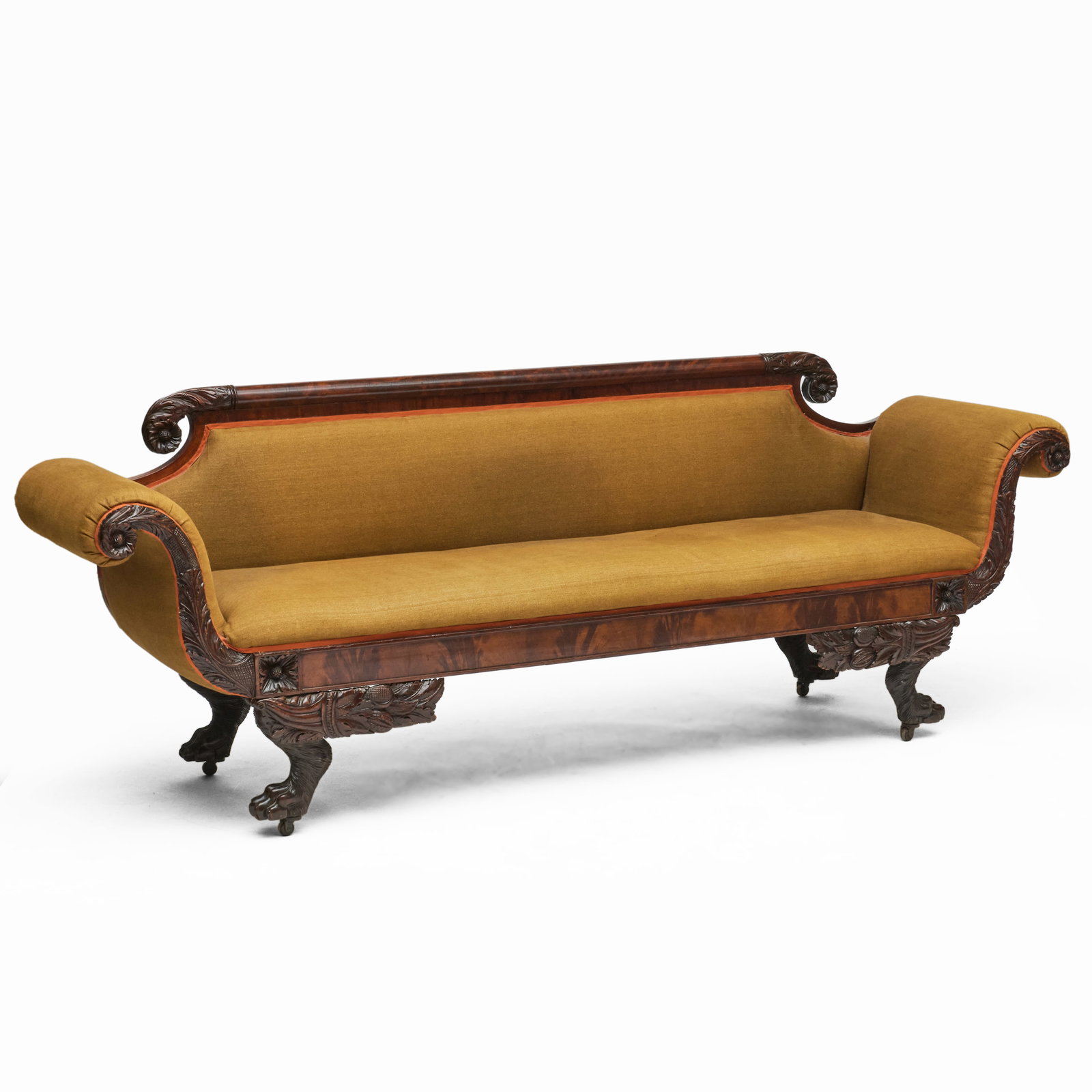 Fine Classical Carved Mahogany and Linen Upholstered Sofa: Raised on casters.34 1/4 x 8 ft. x 24 in., seat height 19 in.