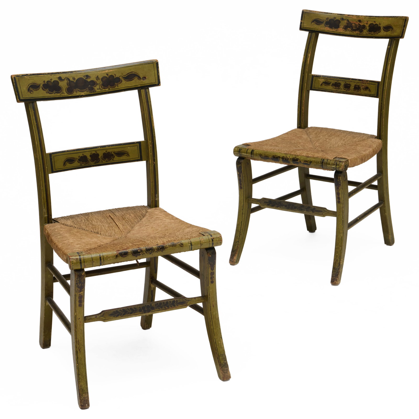 Pair of Federal Green Painted Side Chairs with Rush Seats: Pair of Federal Green Painted Side Chairs with Rush Seats 34 1/2 x 18 1/4 x 21 in., seat height 17 1/2 in. Collection of Percival Paul Steinhart, III.