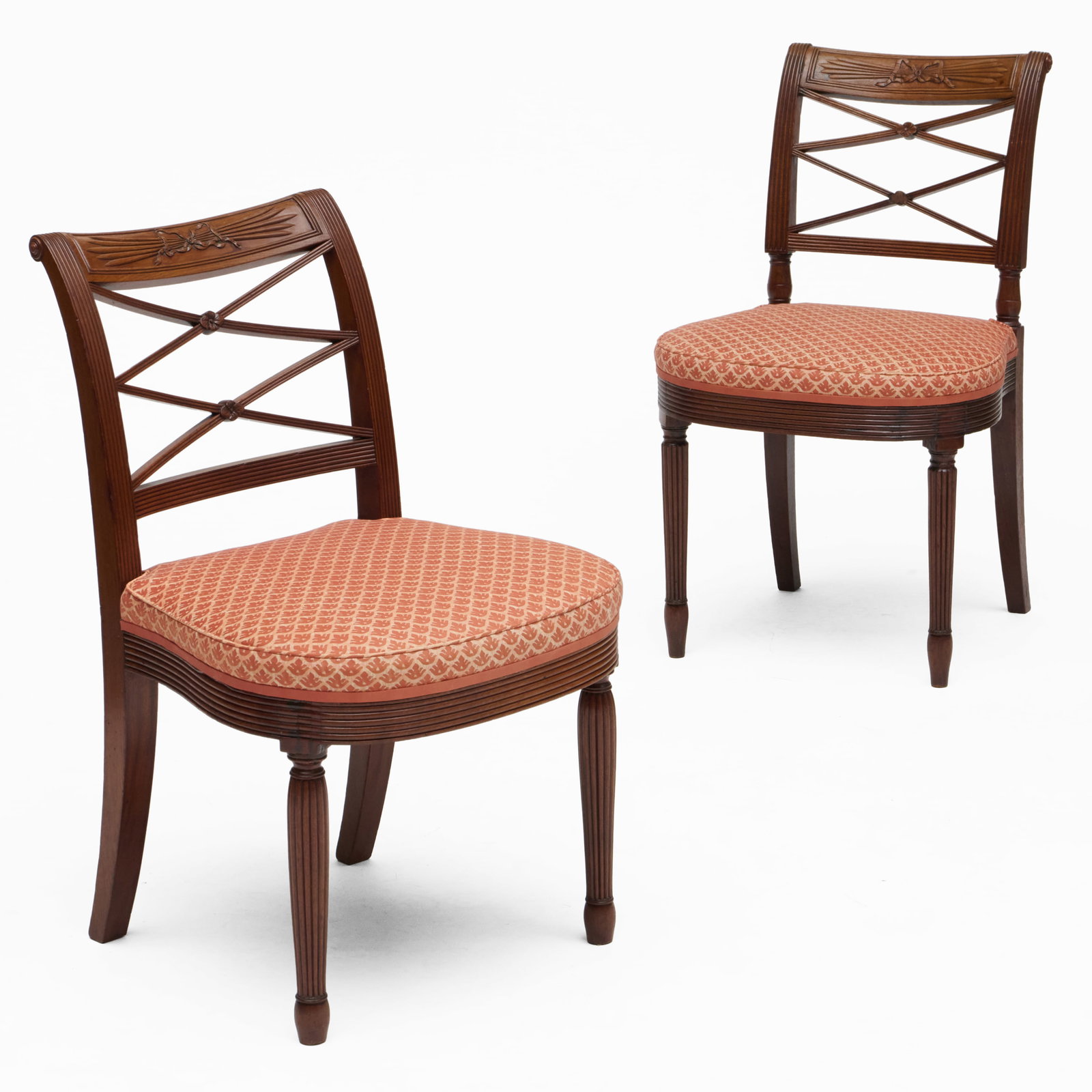 Near Pair of Federal Style Mahogany and Upholstered Side Chairs, In the Manner of Duncan Phyfe.: Near Pair of Federal Style Mahogany and Upholstered Side Chairs, In the Manner of Duncan Phyfe. 31 1/2 x 20 x 23 in., seat height 17 in. Collection of Percival Paul Steinhart, III.