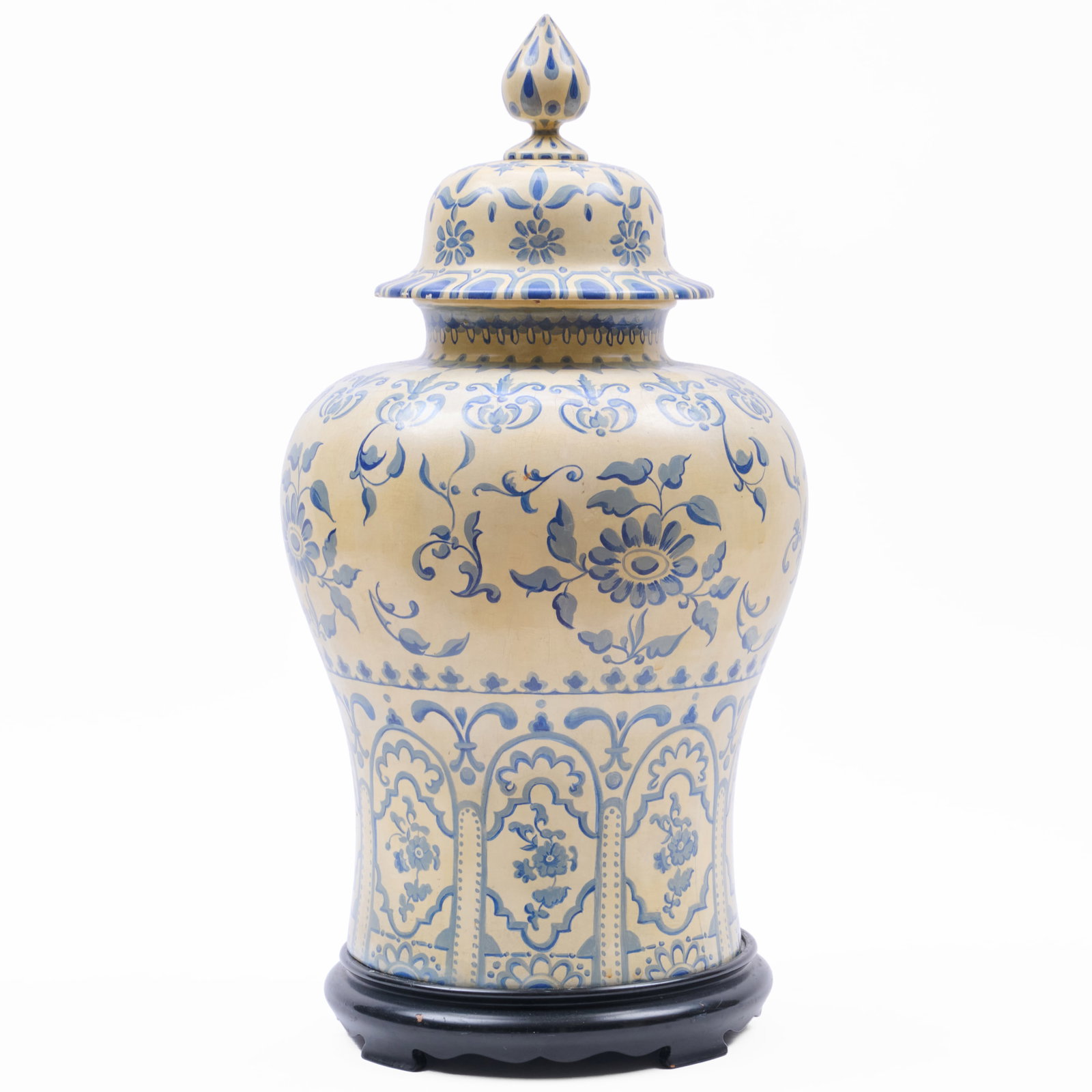 Isabel O'Neil Polychromed Wood Jar and Cover: Isabel O'Neil Polychromed Wood Jar and Cover With label.23 x 10 in. diam. Collection of Percival Paul Steinhart, III.
