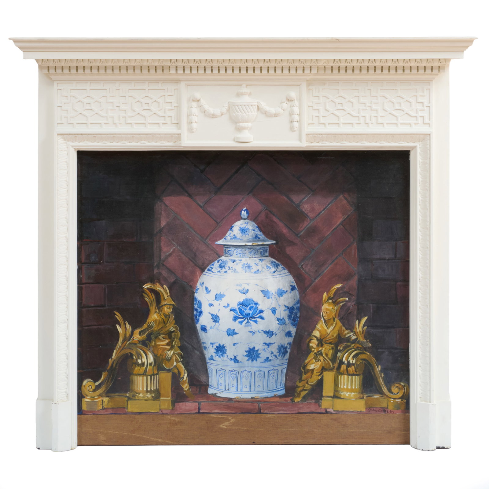 White Painted Mantlepiece with a Trompe L'Oeil Painting (1 of 6)
