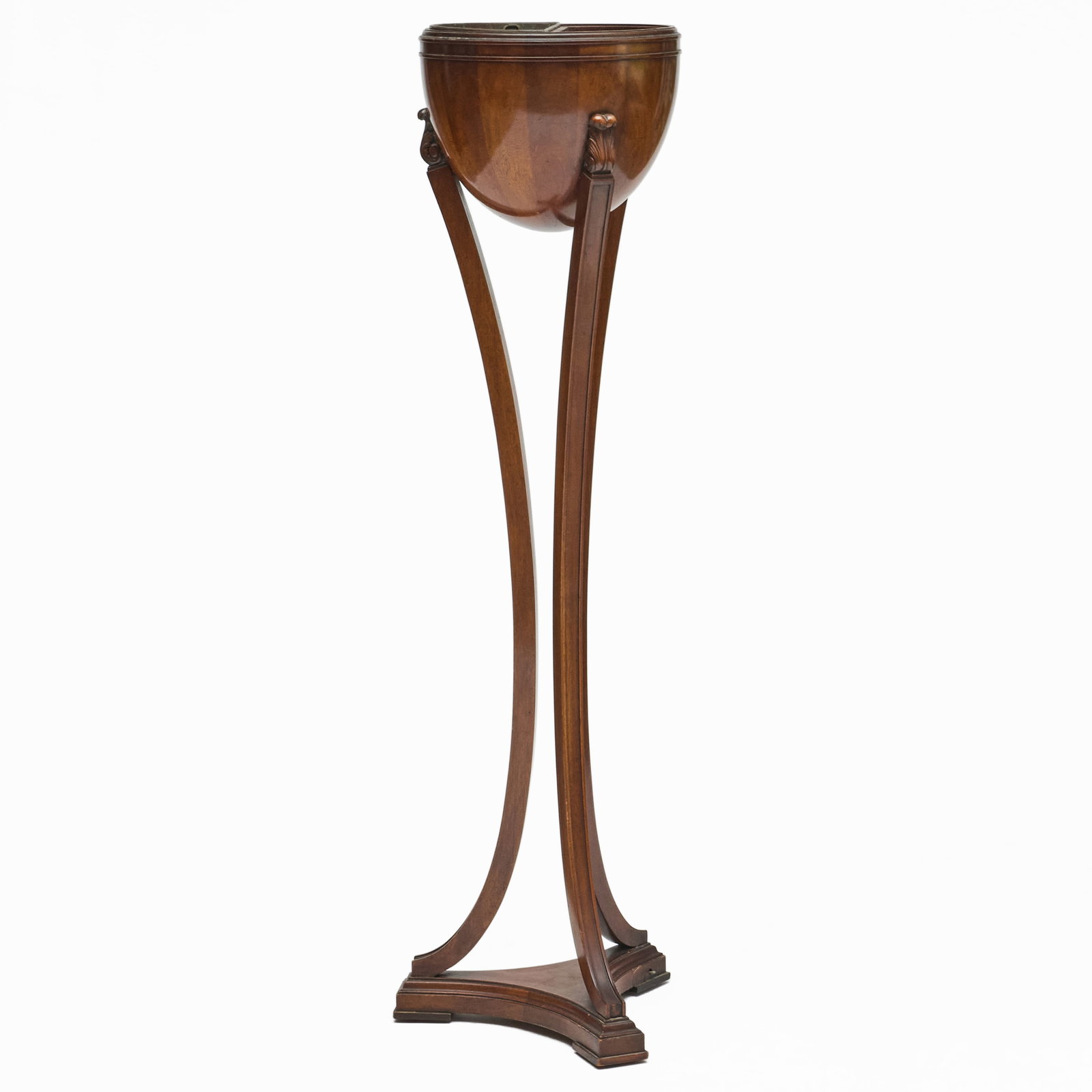 Regency Style Mahogany Jardiniere on Tripartite Stand: Regency Style Mahogany Jardiniere on Tripartite Stand Fitted with a light in one half of the bowl, and a d-shaped metal container in the other half.4 ft. 6 1/2 x 15 in. diam., the top. The feet 17 x 1