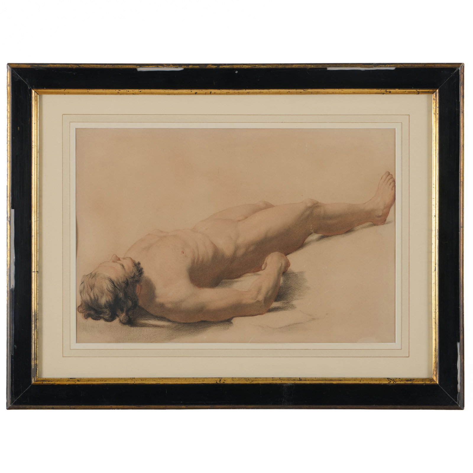 European School: Reclined Figure: European School: Reclined Figure Colored chalk on paper mounted on card, unsigned. 10 x 14 1/2 in. (sheet), 16 x 21 in. (frame). Collection of Percival Paul Steinhart, III.